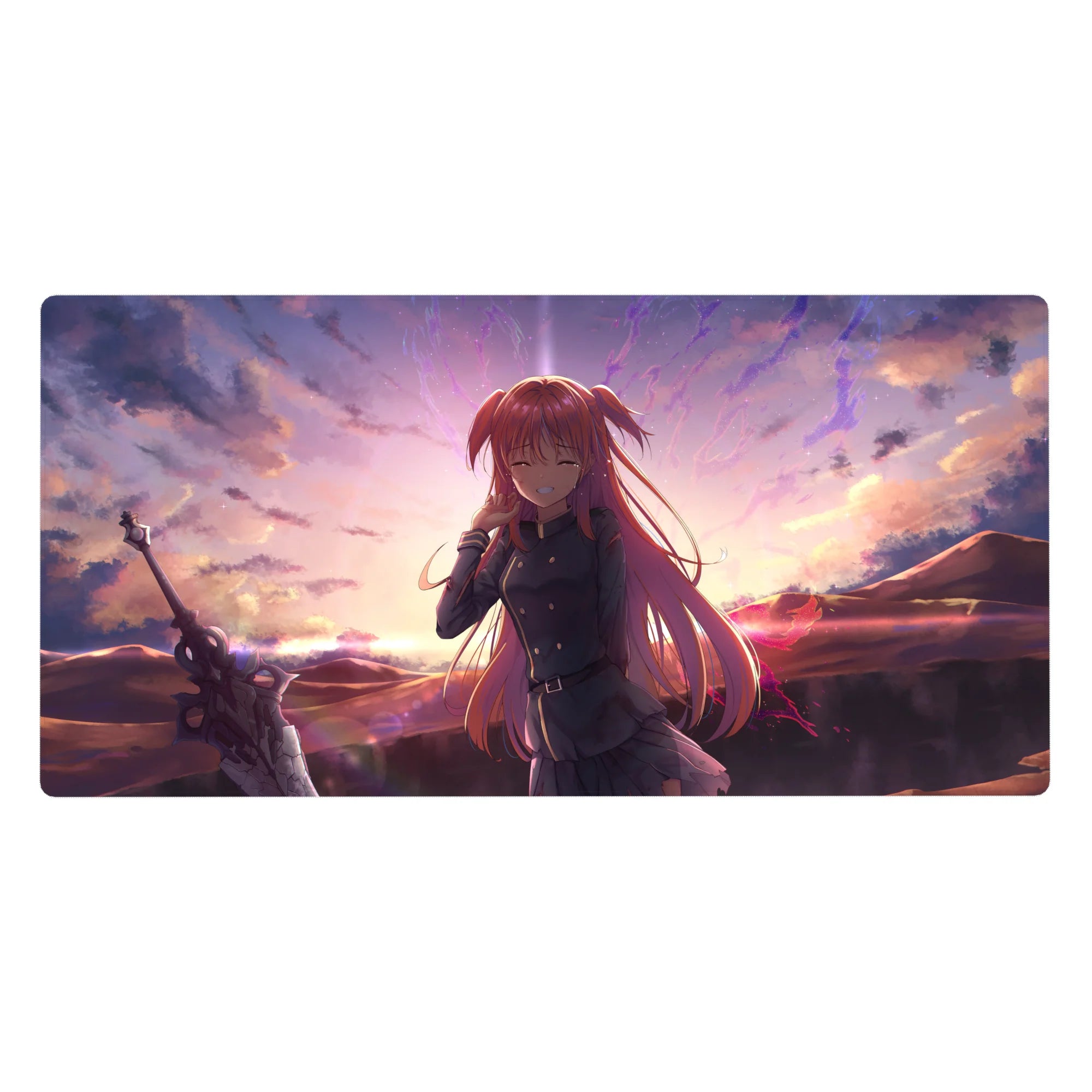 40x20 inches anime girl desk pad with pink-haired schoolgirl, dark uniform, and giant sword at sunset.