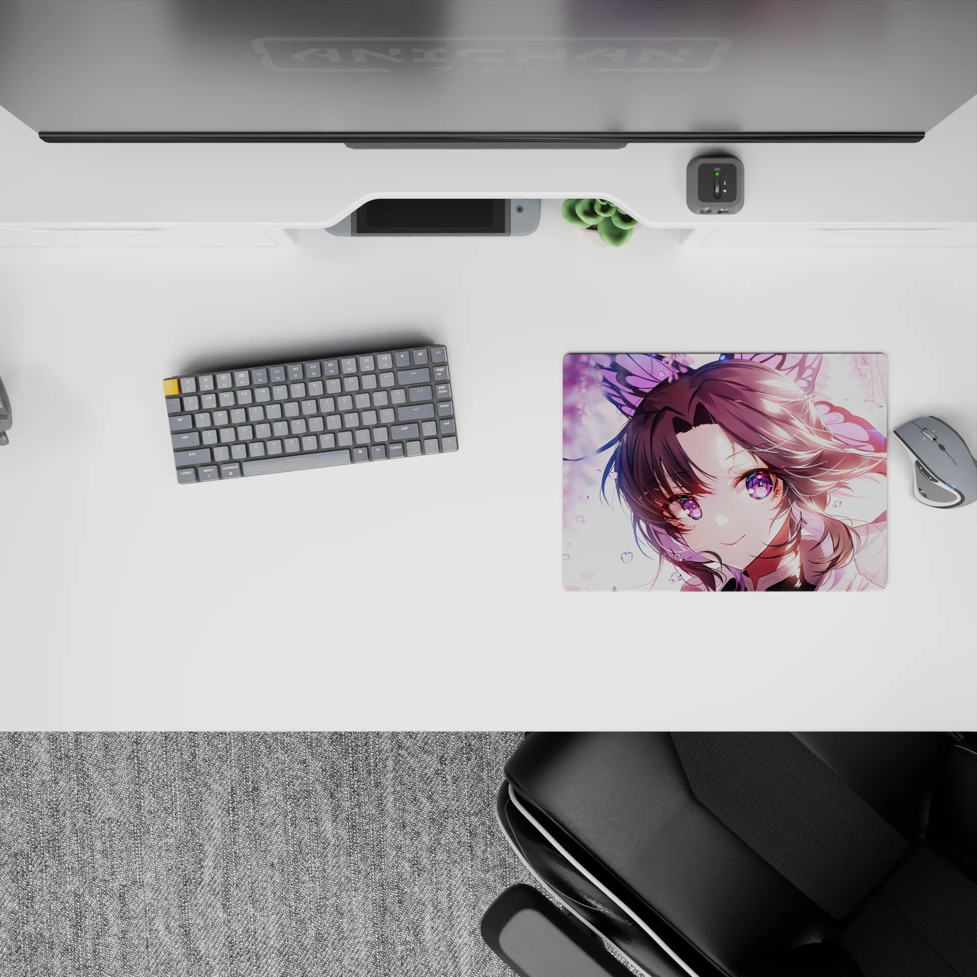 Shinobu from Demon Slayer glows on a 14x10 inch anime mouse pad with violet eyes and butterflies in pastel colors.