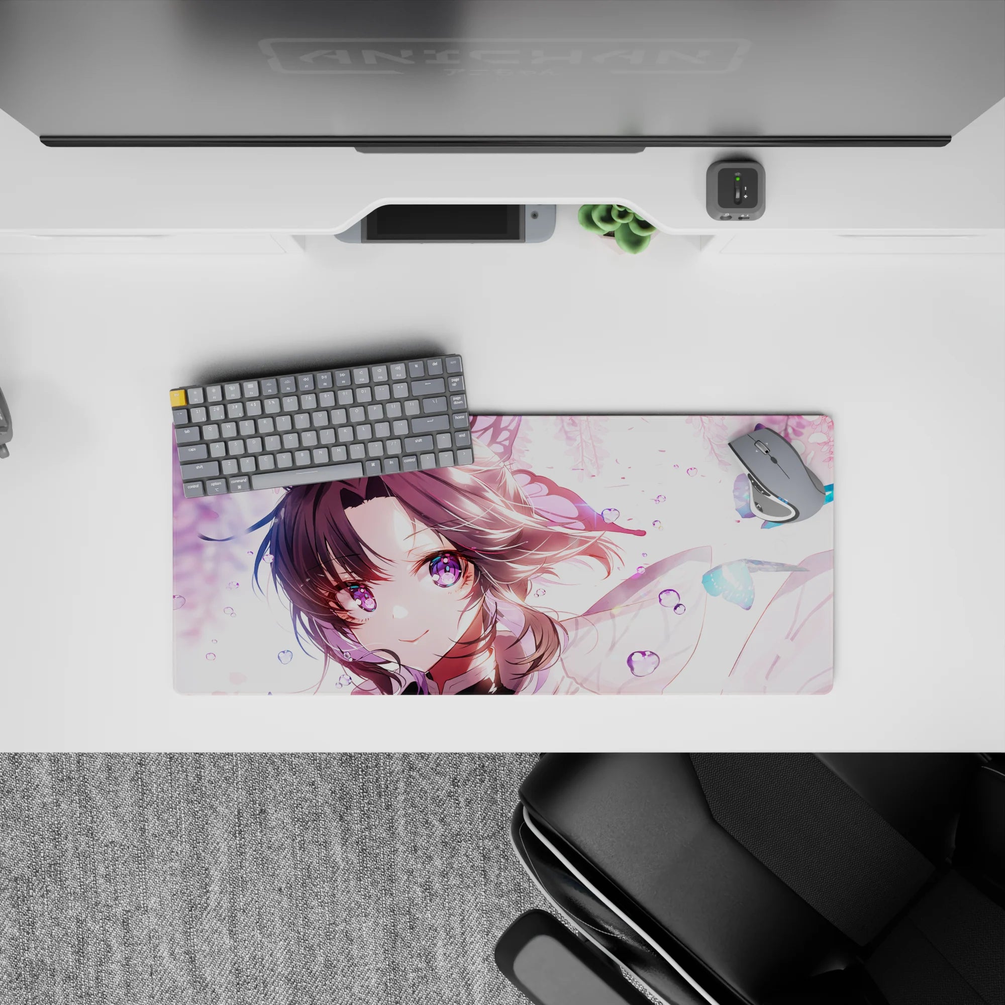 Shinobu themed 28x12 inch anime mouse pad from Demon Slayer, featuring her violet eyes and floating butterflies in pastel hues.