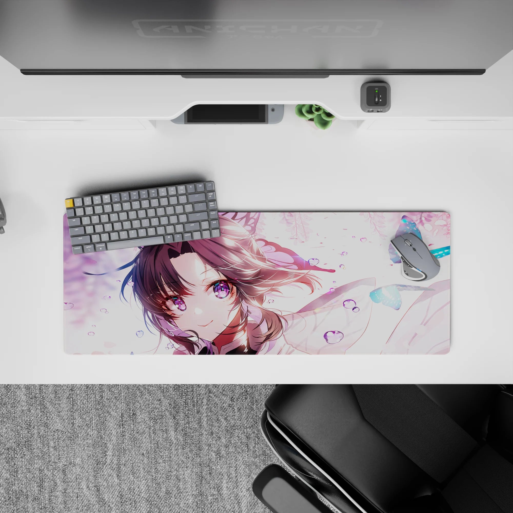 Shinobu from Demon Slayer on a 32x12 inch anime mouse pad, with violet eyes, butterflies, and pastel colors creating a dreamy scene.