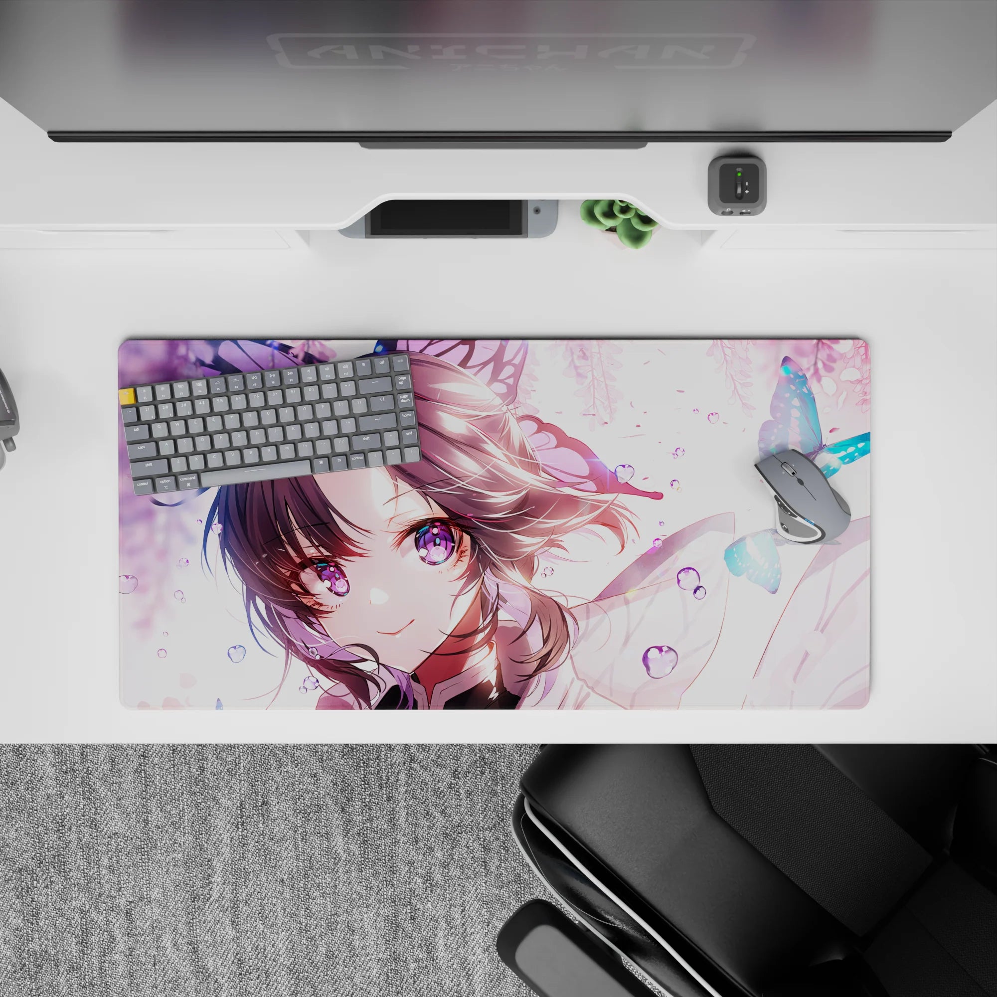 Shinobu from Demon Slayer on a 32x16 inch anime mouse pad, violet eyes glowing, surrounded by butterflies and pastel hues.