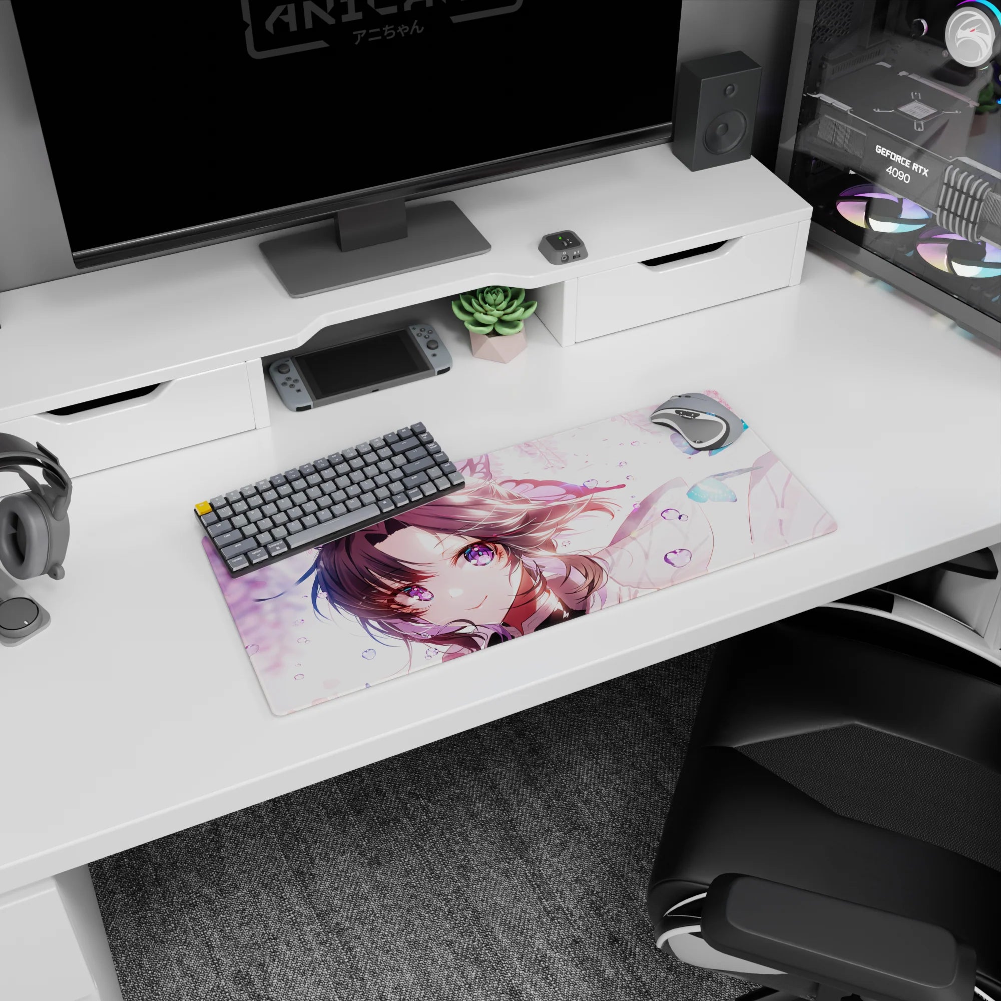 Shinobu from Demon Slayer on a 28x12 inch anime mouse pad, featuring violet eyes and butterflies with pastel hues and gloss.