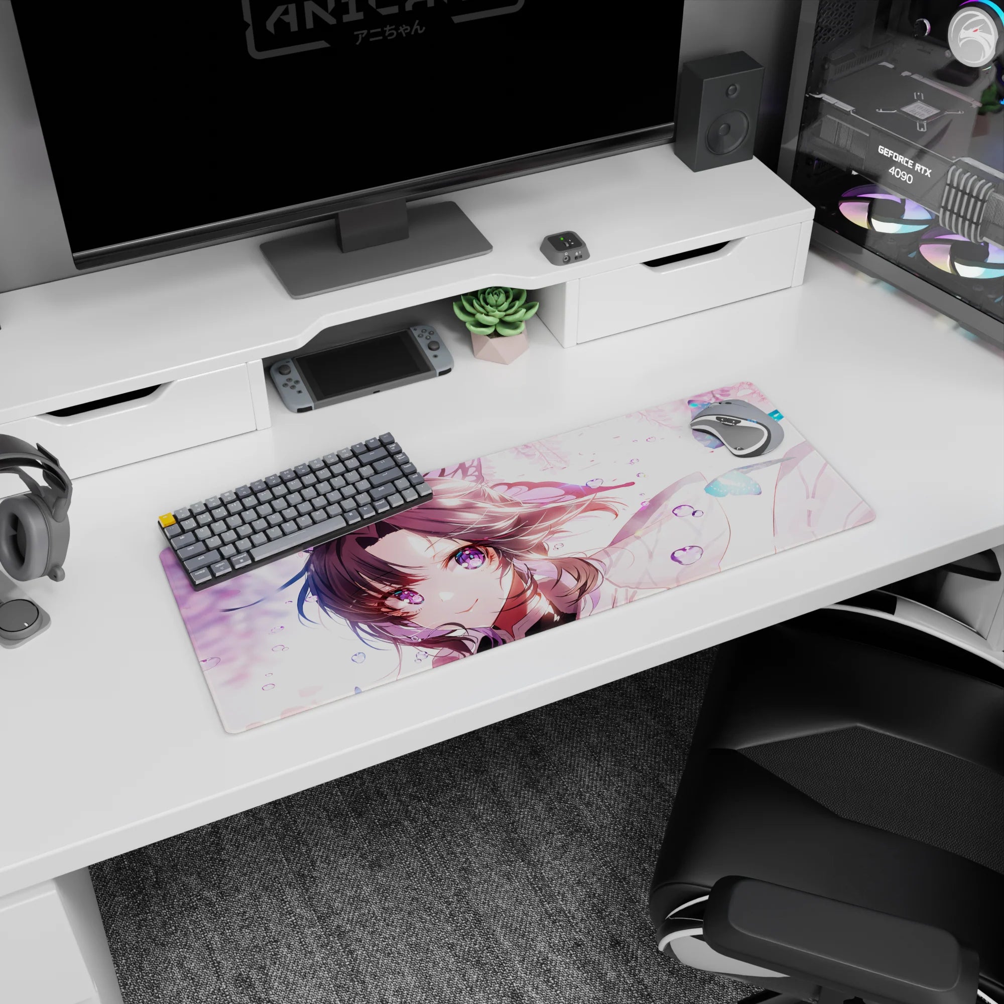 Shinobu from Demon Slayer on a 32x12 inch anime mouse pad, violet eyes glowing, butterflies float in pastel hues.