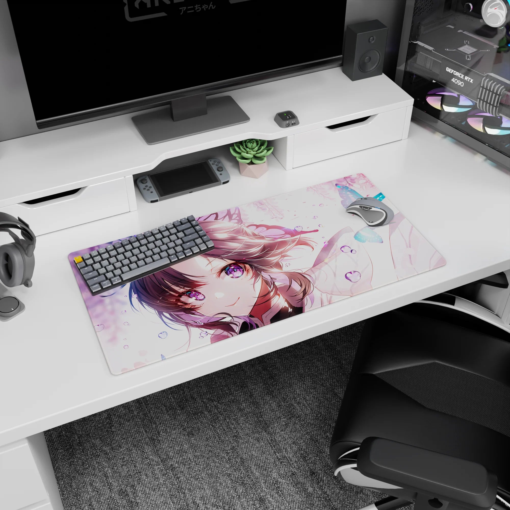 Shinobu from Demon Slayer on a 32x16 inch anime mouse pad, featuring violet eyes and butterflies in pastel hues.