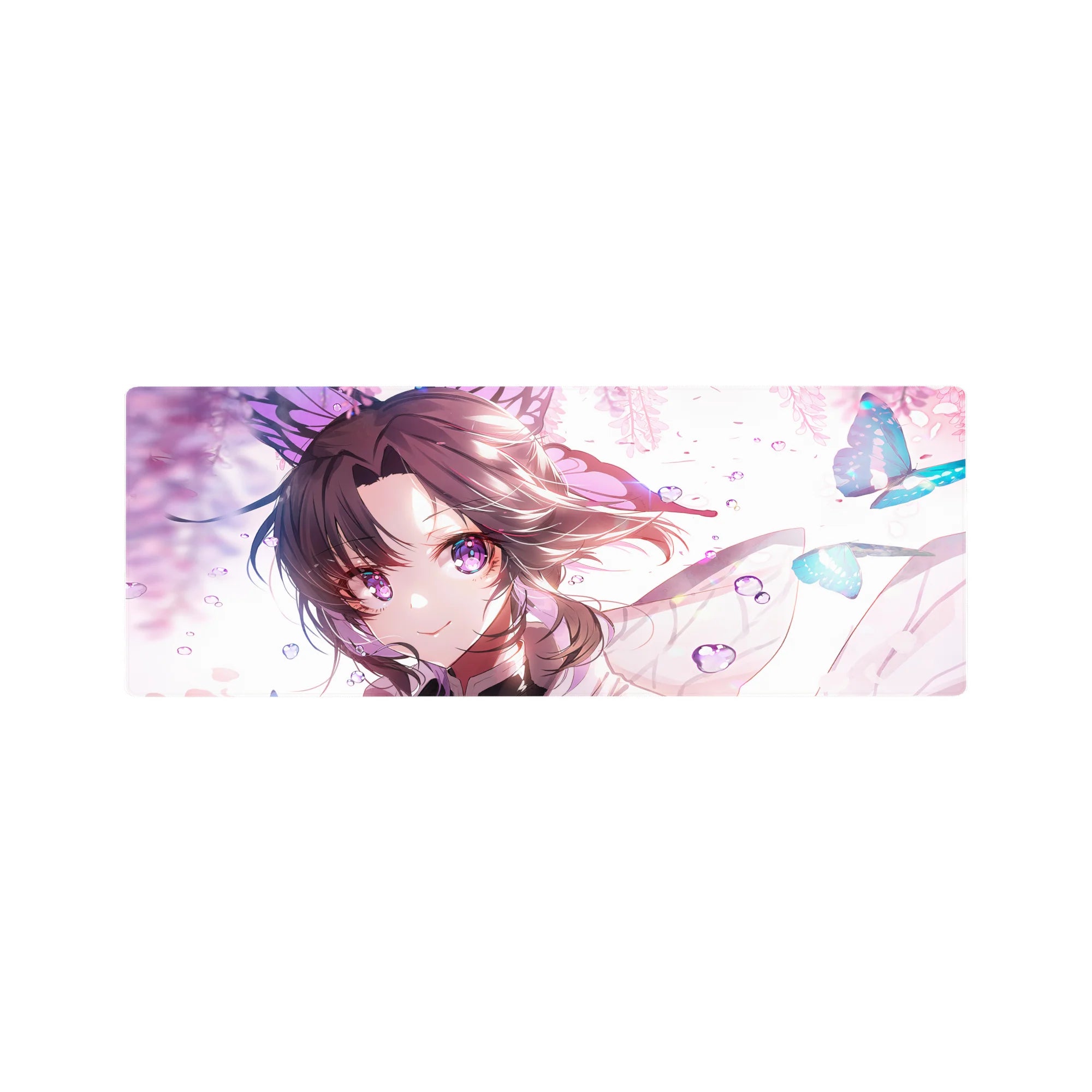 Shinobu from Demon Slayer on a 32x12 inch anime mouse pad, her violet eyes glowing with butterflies in pastel hues.