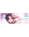 Shinobu from Demon Slayer on a 32x12 inch anime mouse pad, her violet eyes glowing with butterflies in pastel hues.