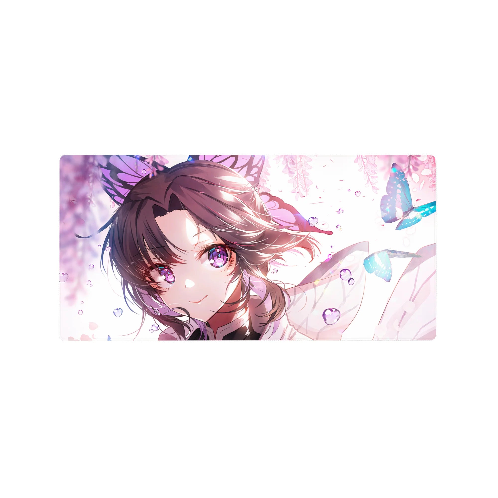 Shinobu from Demon Slayer on a 32x16 inch anime mouse pad with violet eyes and pastel hues, evoking a dreamy feel.