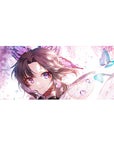 Shinobu from Demon Slayer on a 36x16 inch anime desk pad with violet eyes, butterflies, and pastel hues for a magical workspace.