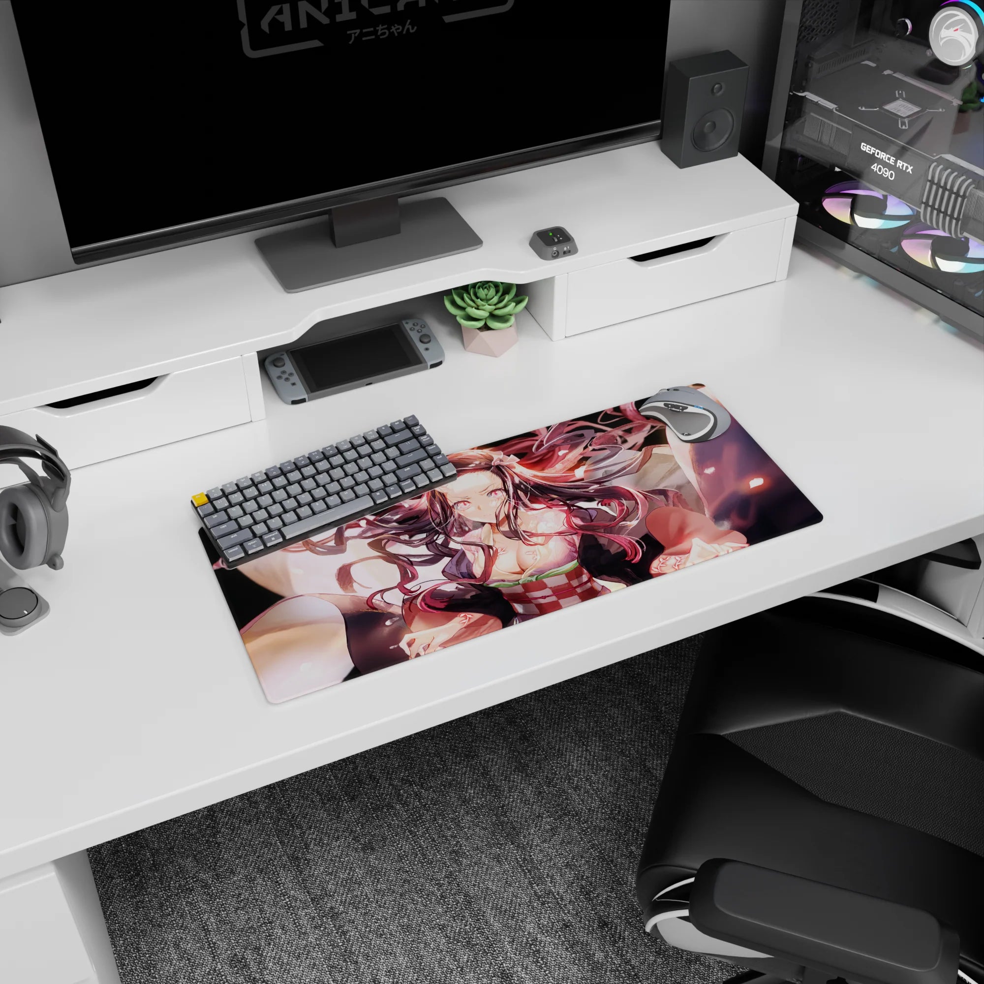 Nezuko in demon form on a 28x12 inch mouse pad from Demon Slayer, with glowing pink eyes and swirling hair, fierce and stunning.