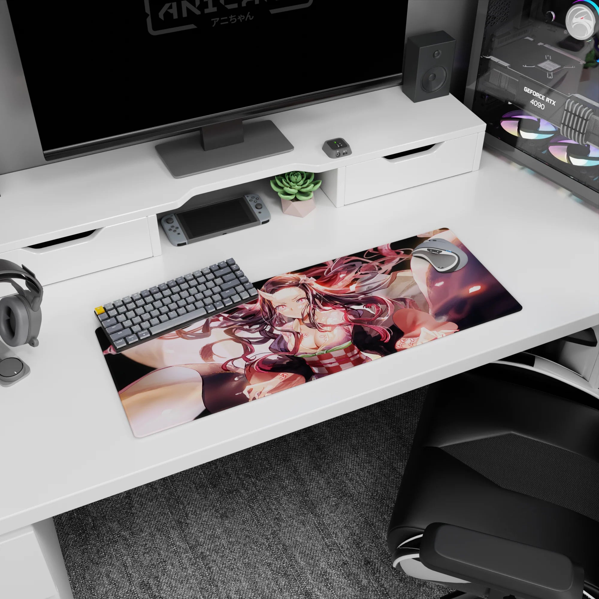 Nezuko in demon form on a 32x12 inch anime mouse pad, showcasing her fierce transformation with glowing eyes and swirling hair.