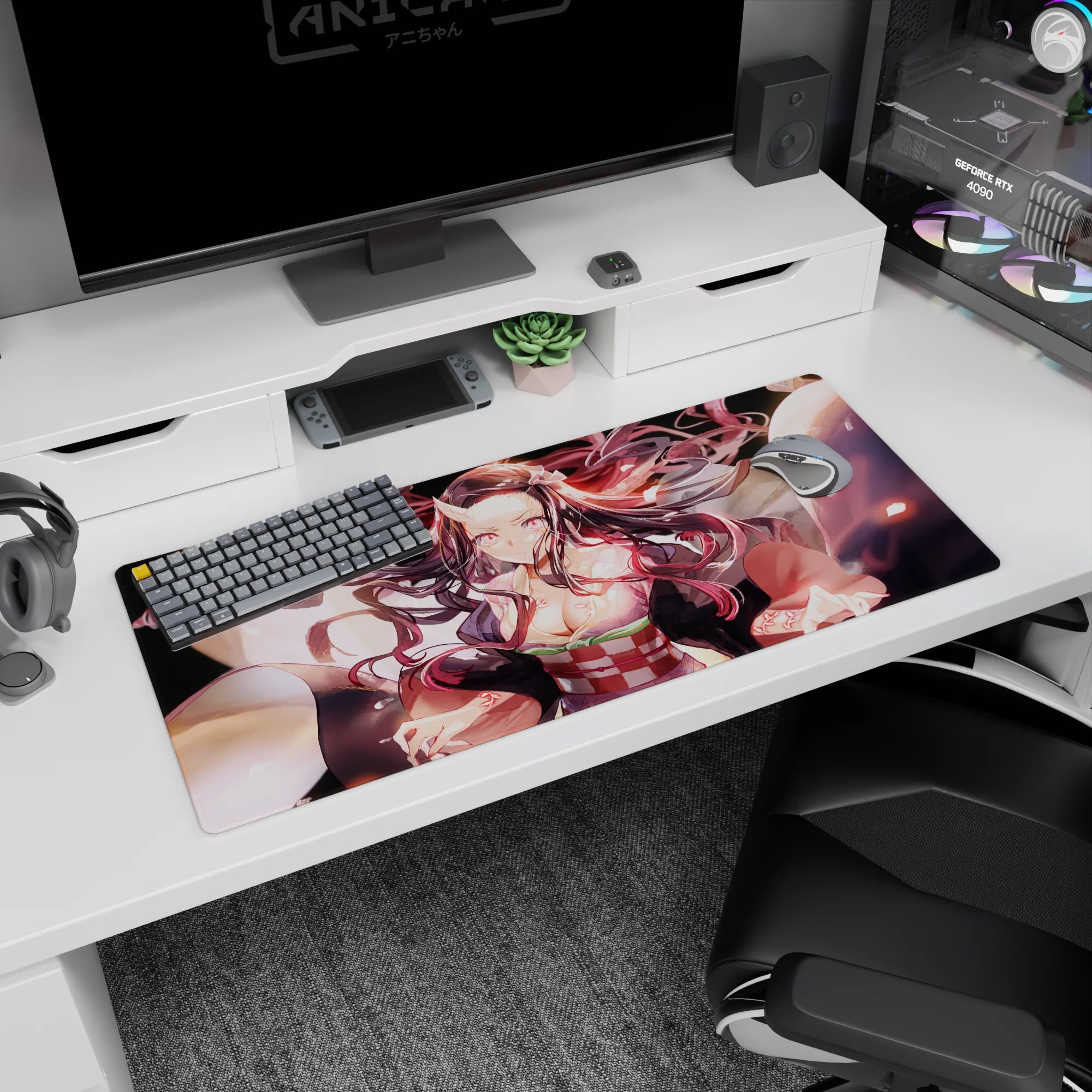 Nezuko in demon form on a 36x16 inch anime desk pad, capturing her transformation with glowing eyes and swirling hair from Demon Slayer.