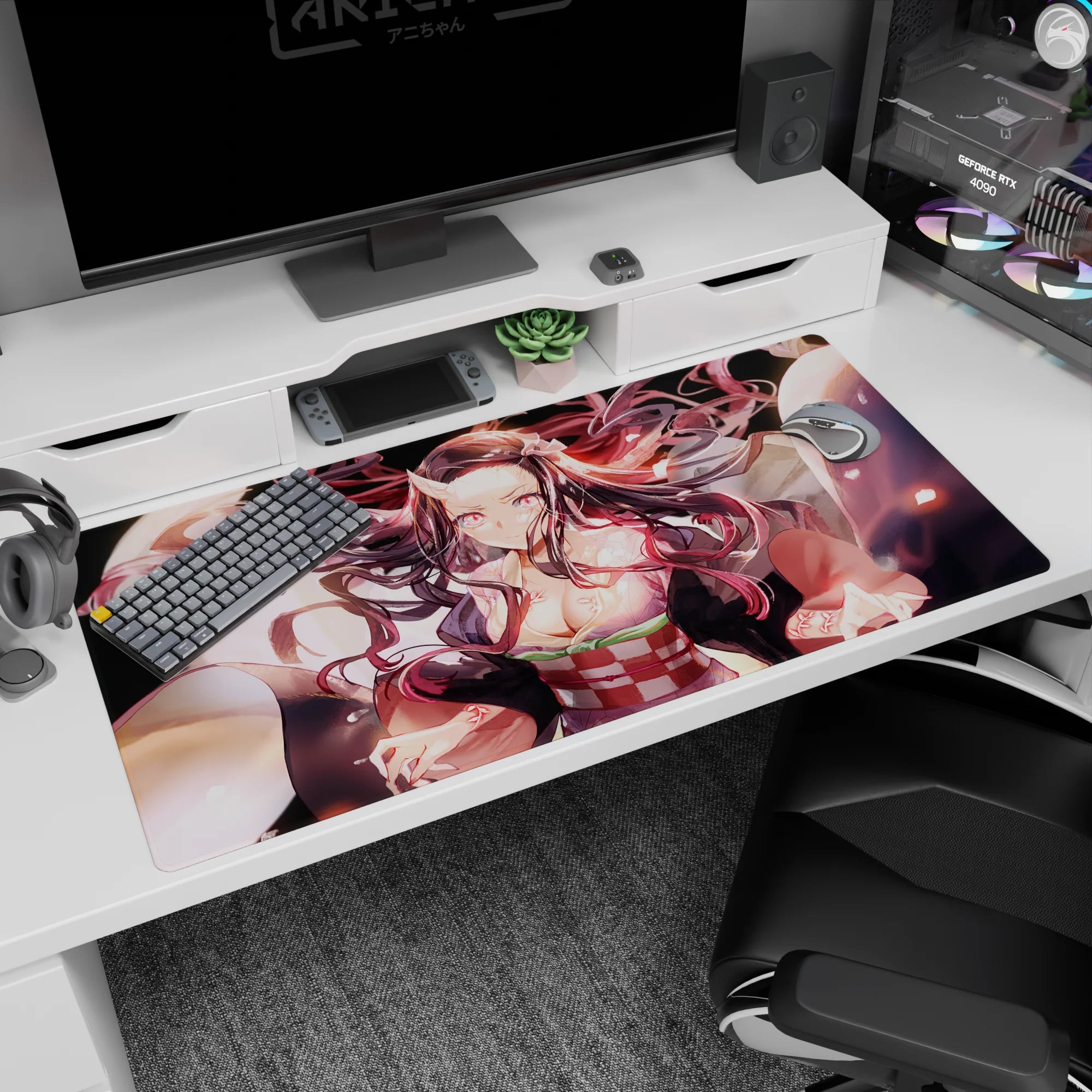 Nezuko in demon form on a 40x20 inches anime desk pad, showcasing her glowing pink eyes and swirling hair from Demon Slayer.