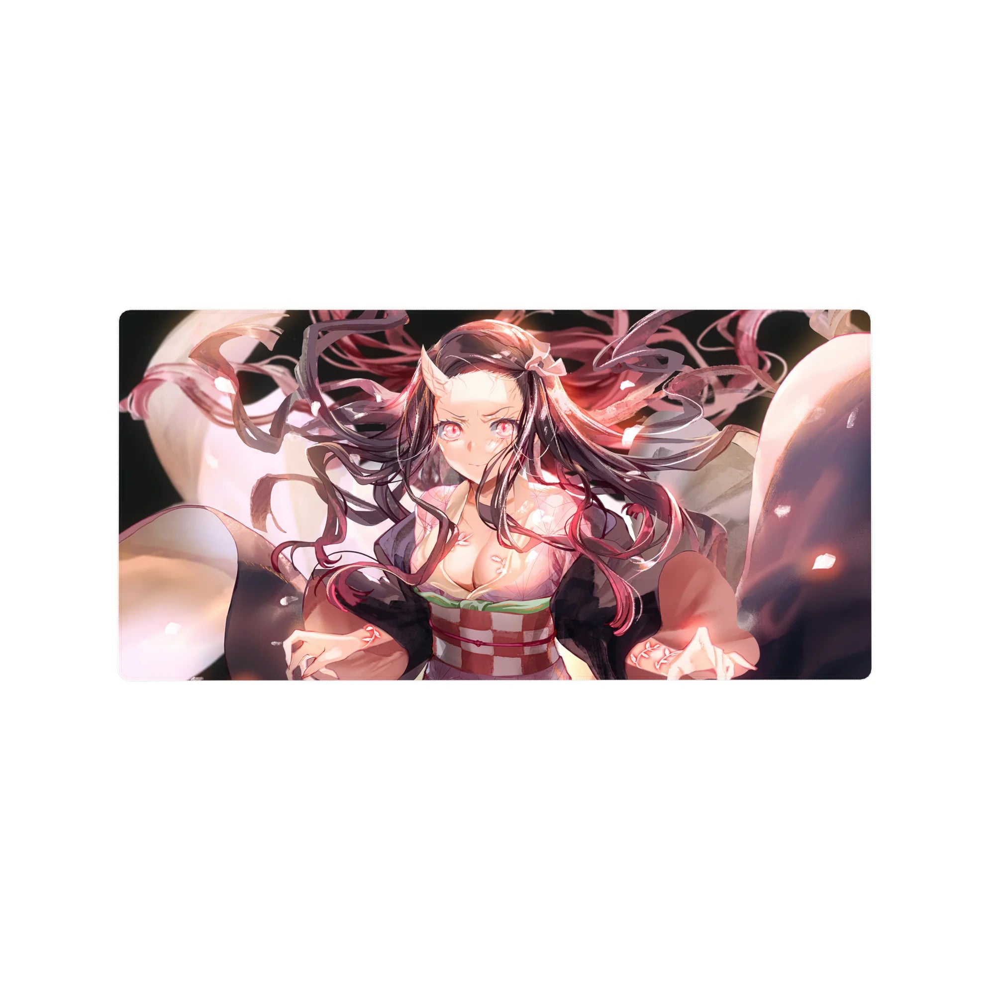 Nezuko Demon Slayer anime mouse pad 32x16 inches featuring her in demon form with glowing pink eyes and swirling hair.