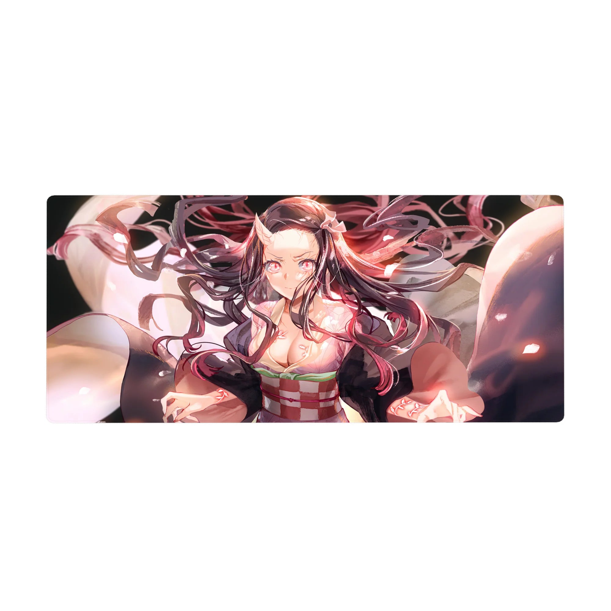 Nezuko in demon form on a 36x16 inch desk pad, capturing her fierce transformation from Demon Slayer with glowing pink eyes.