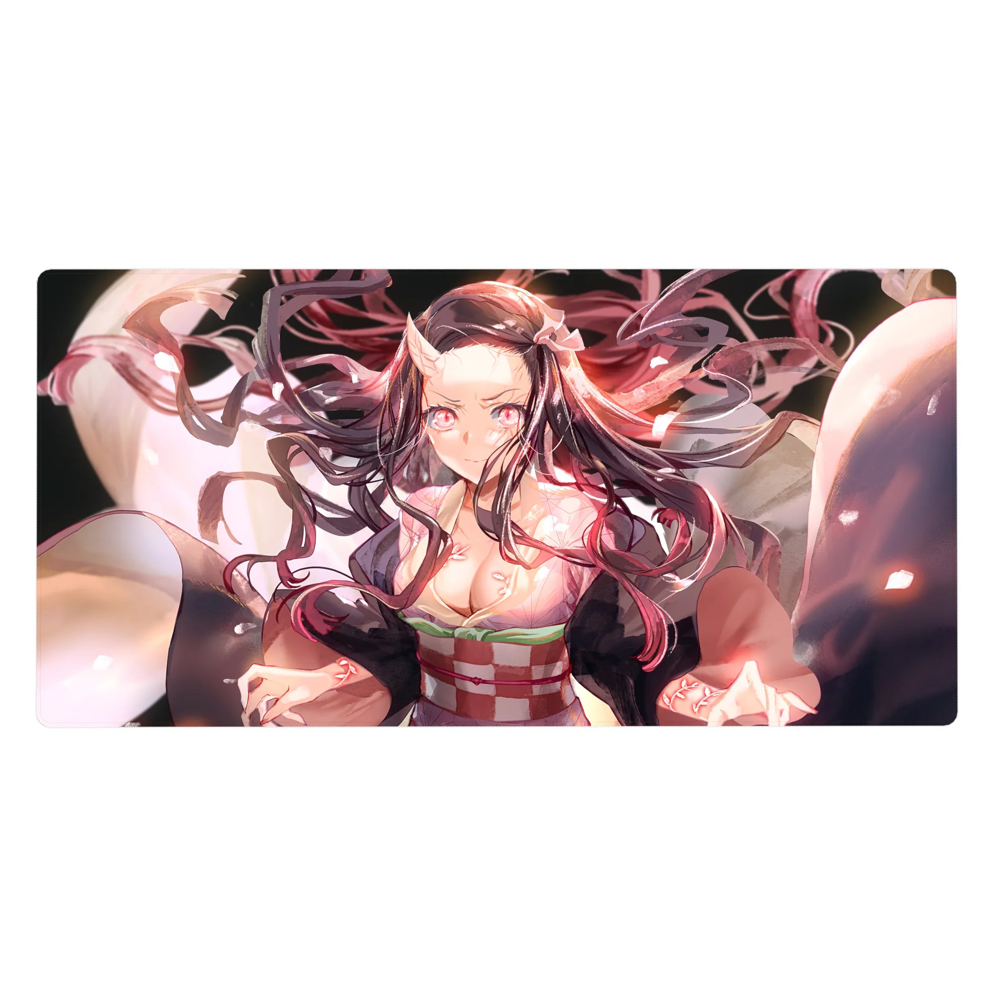 Nezuko demon form desk pad, 40x20 inches, captures her fierce transformation with glowing eyes and swirling hair.