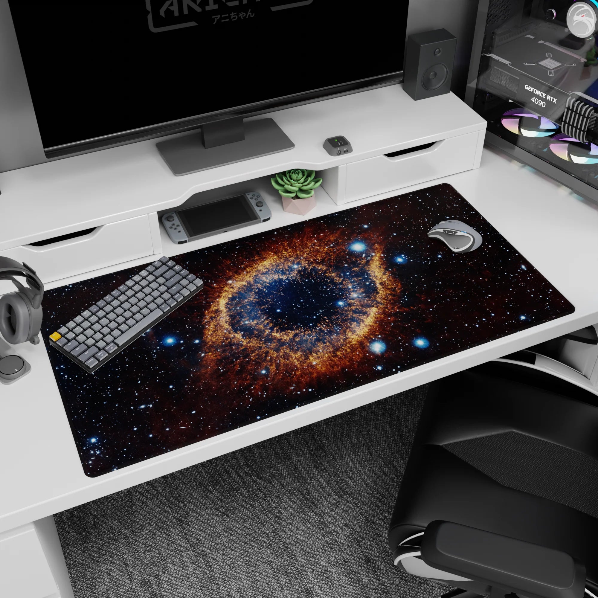 Galaxy-themed desk pad with starry black background and amber swirl design, size 40x20 inches.