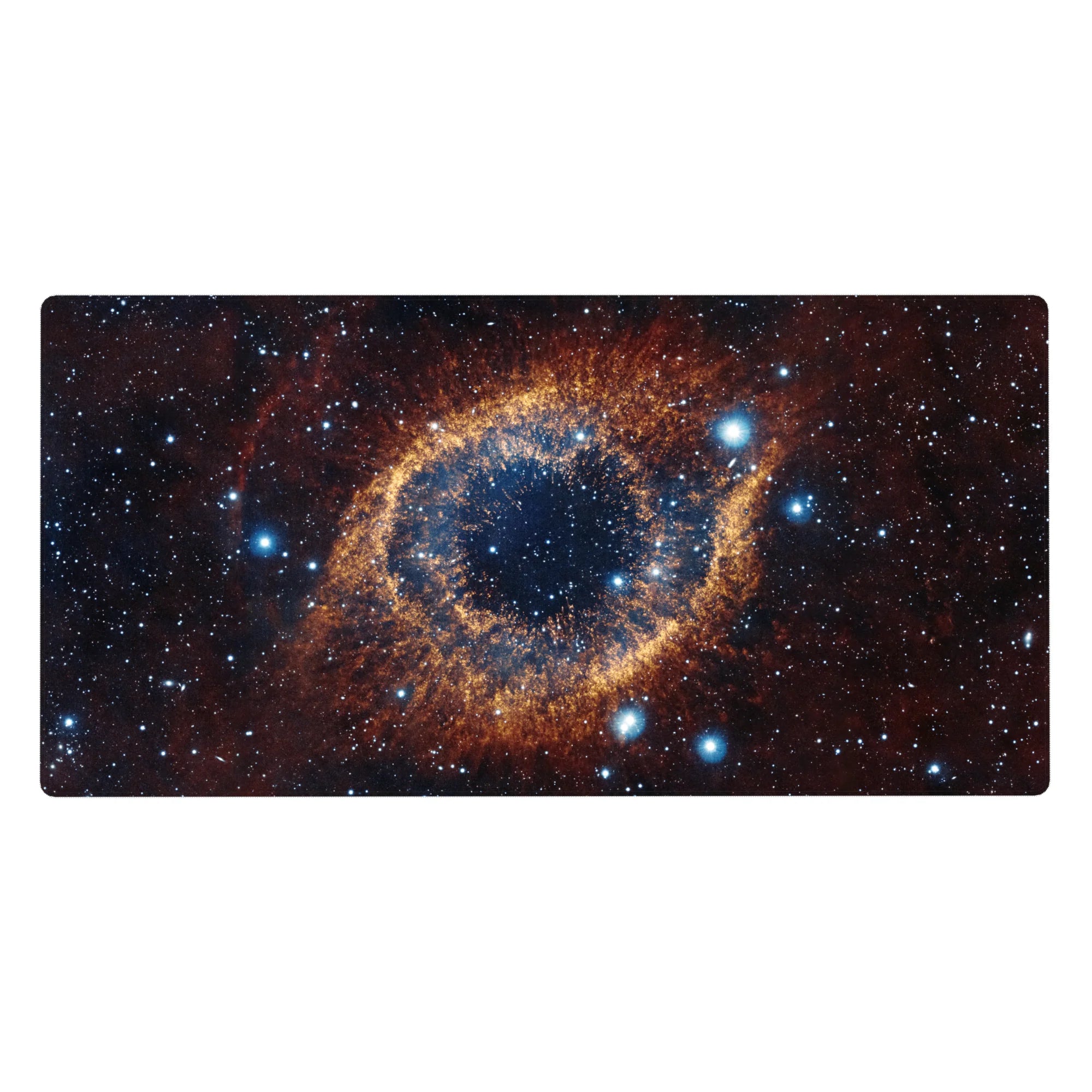 Galaxy-themed desk pad 40x20 inches with starry black background and warm amber swirl for a cosmic workspace.