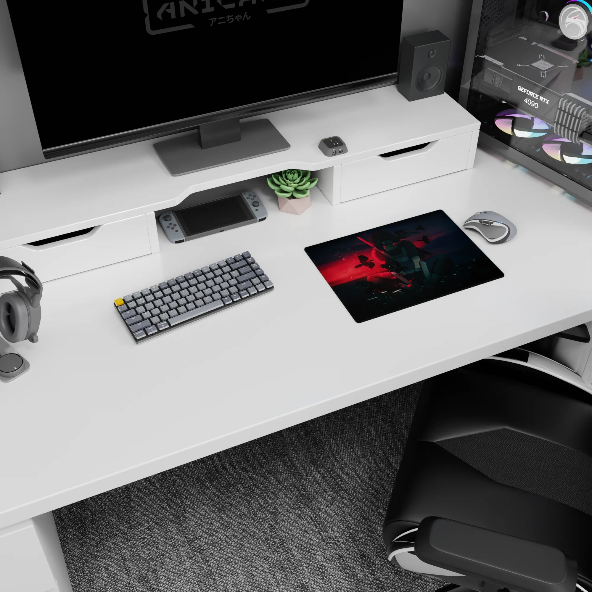 Anime mouse pad 14x10 inches featuring Itachi Uchiha from Naruto, surrounded by crows against a glowing city skyline.