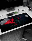 Anime desk pad 40x20 inches featuring Itachi Uchiha from Naruto with crows, glowing city skyline, red haze, blue shadows.