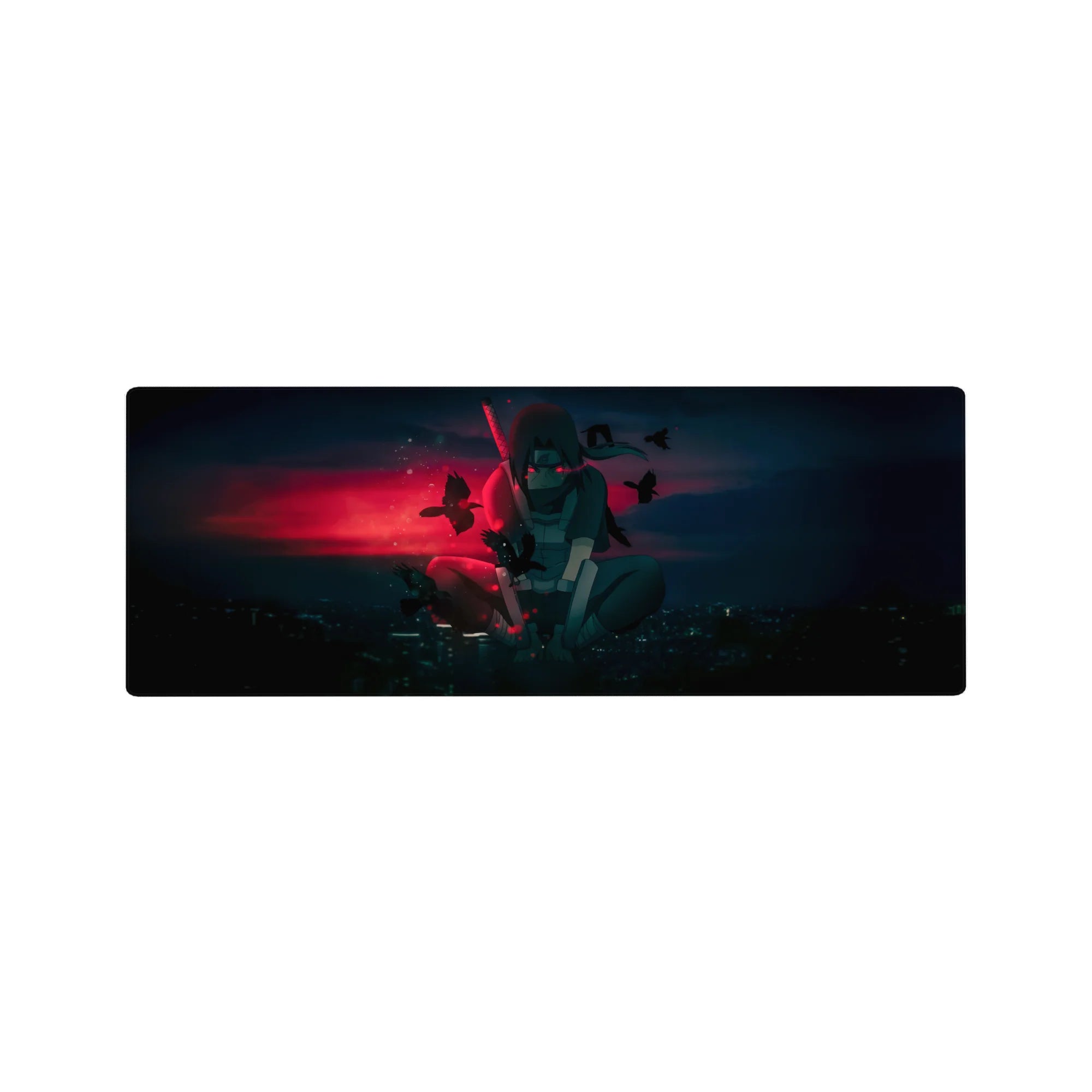 Anime mouse pad 32x12 inches featuring Itachi Uchiha from Naruto with crows, a glowing city, and a blood-red haze.