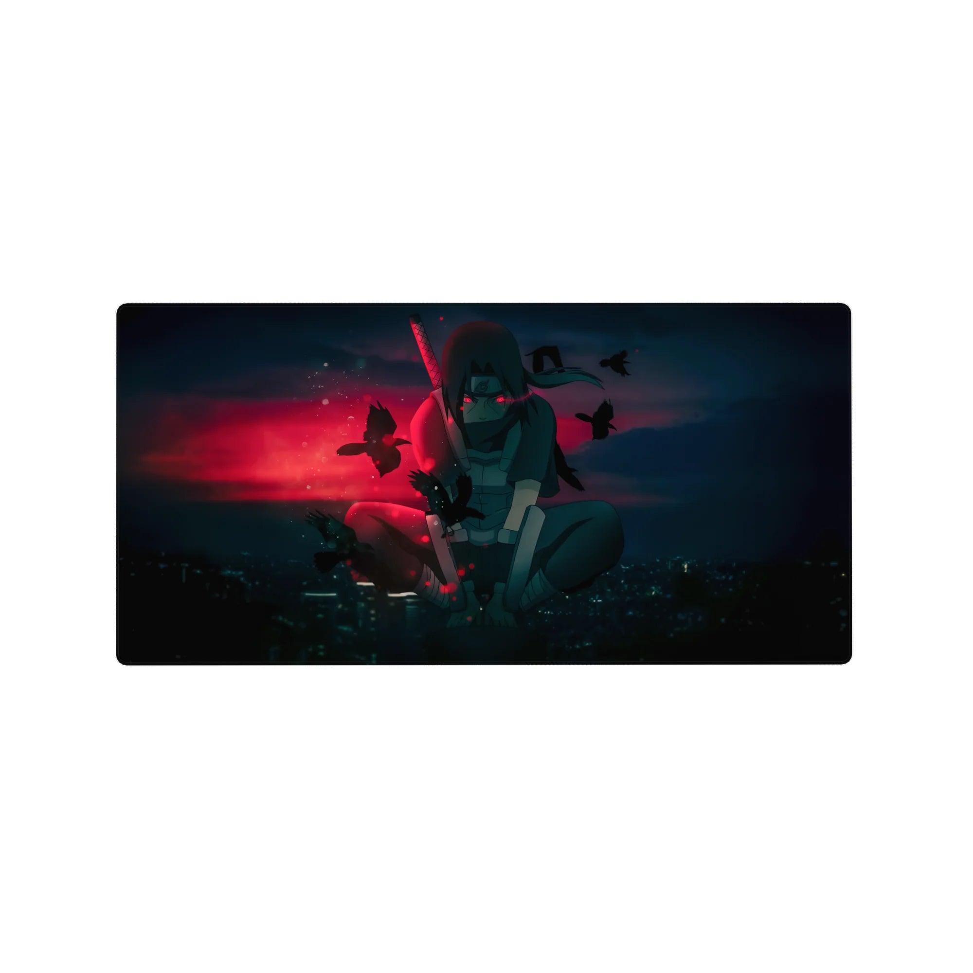 Anime mouse pad 32x16 inches featuring Itachi Uchiha from Naruto with crows, city skyline, and a red haze.