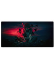 Anime mouse pad 32x16 inches featuring Itachi Uchiha from Naruto with crows, city skyline, and a red haze.