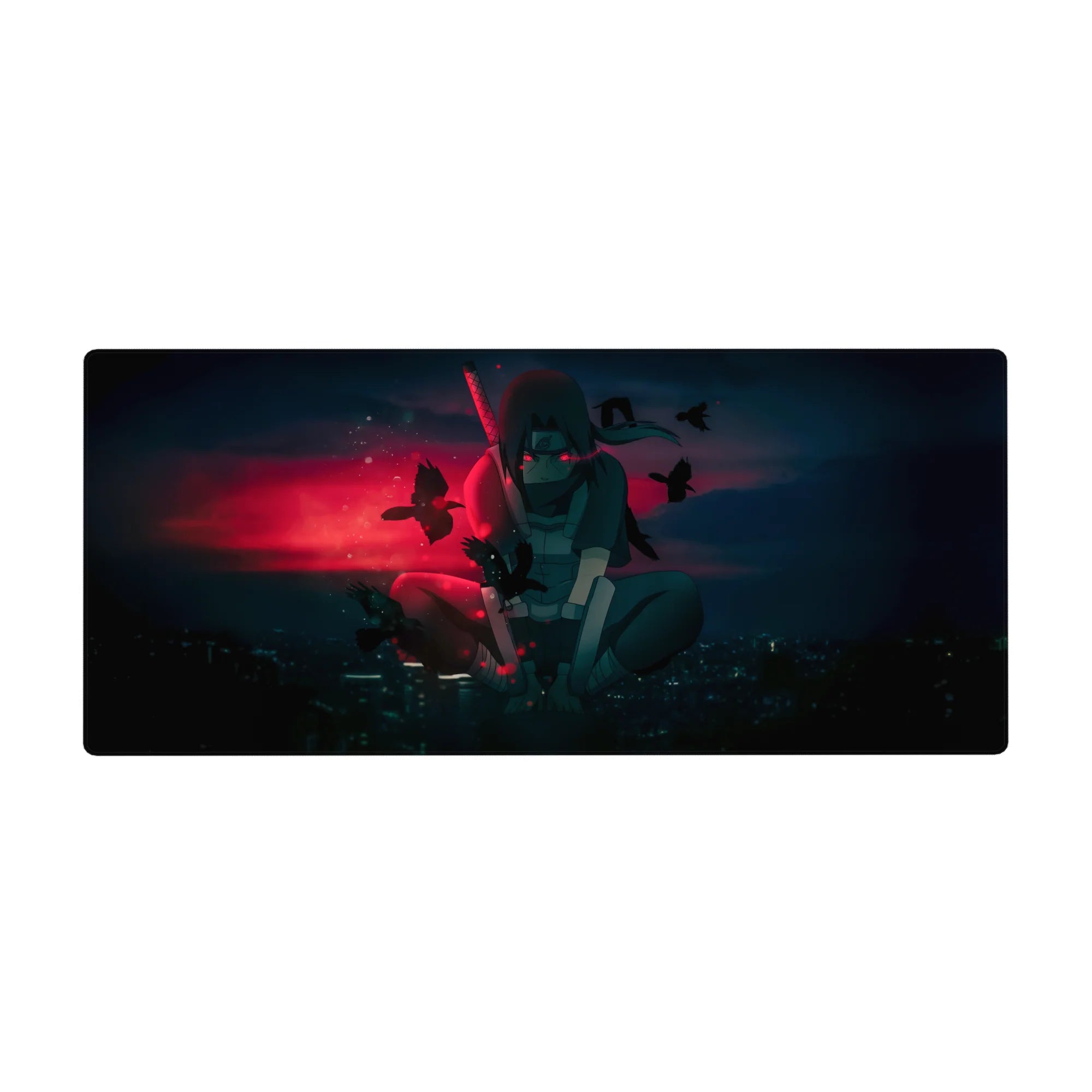 Itachi Uchiha from Naruto desk pad, 36x16 inches, features Itachi with crows, glowing eyes, and a city skyline.