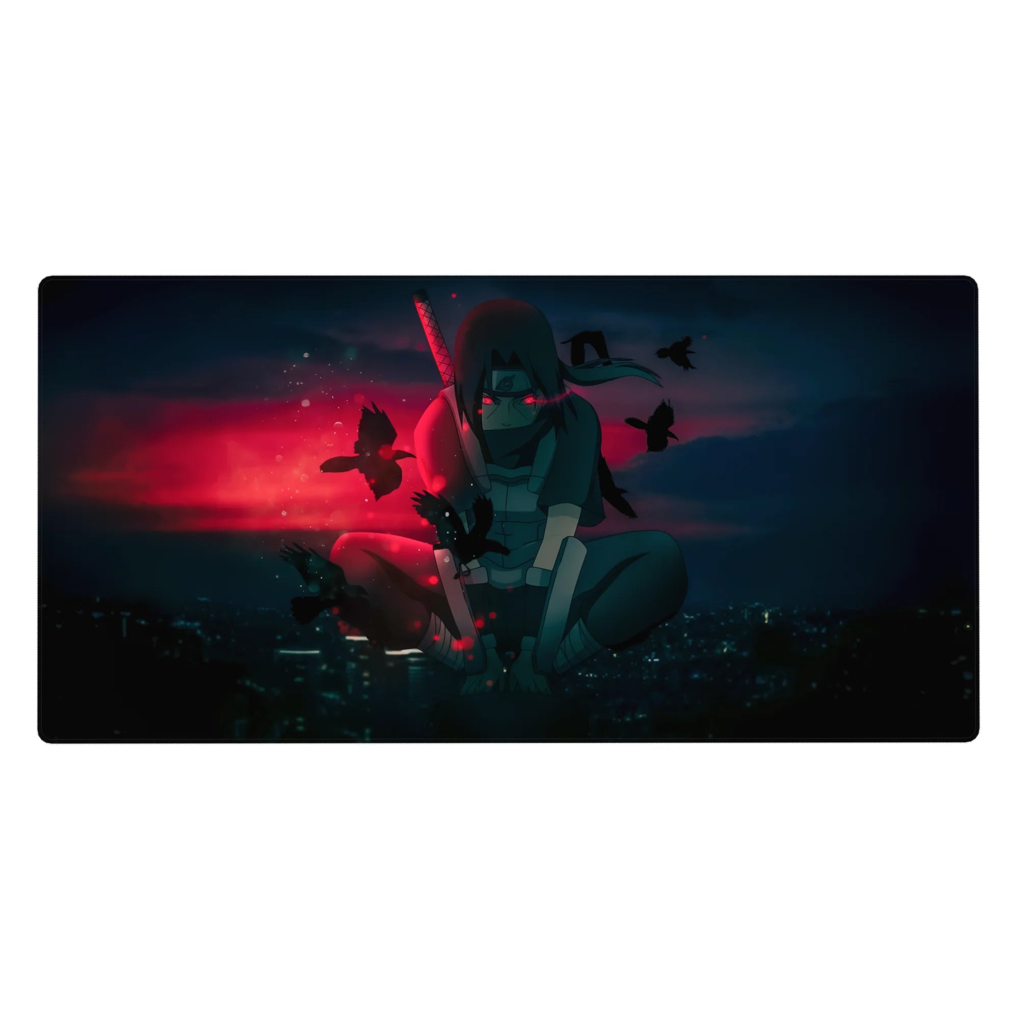 Anime desk pad 40x20 inches featuring Itachi Uchiha from Naruto with crows and a glowing city skyline in blood-red haze.