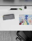 14x10 inches classic anime girl mouse pad with pastel hair, warm city glow, clean lines, soft shadows.