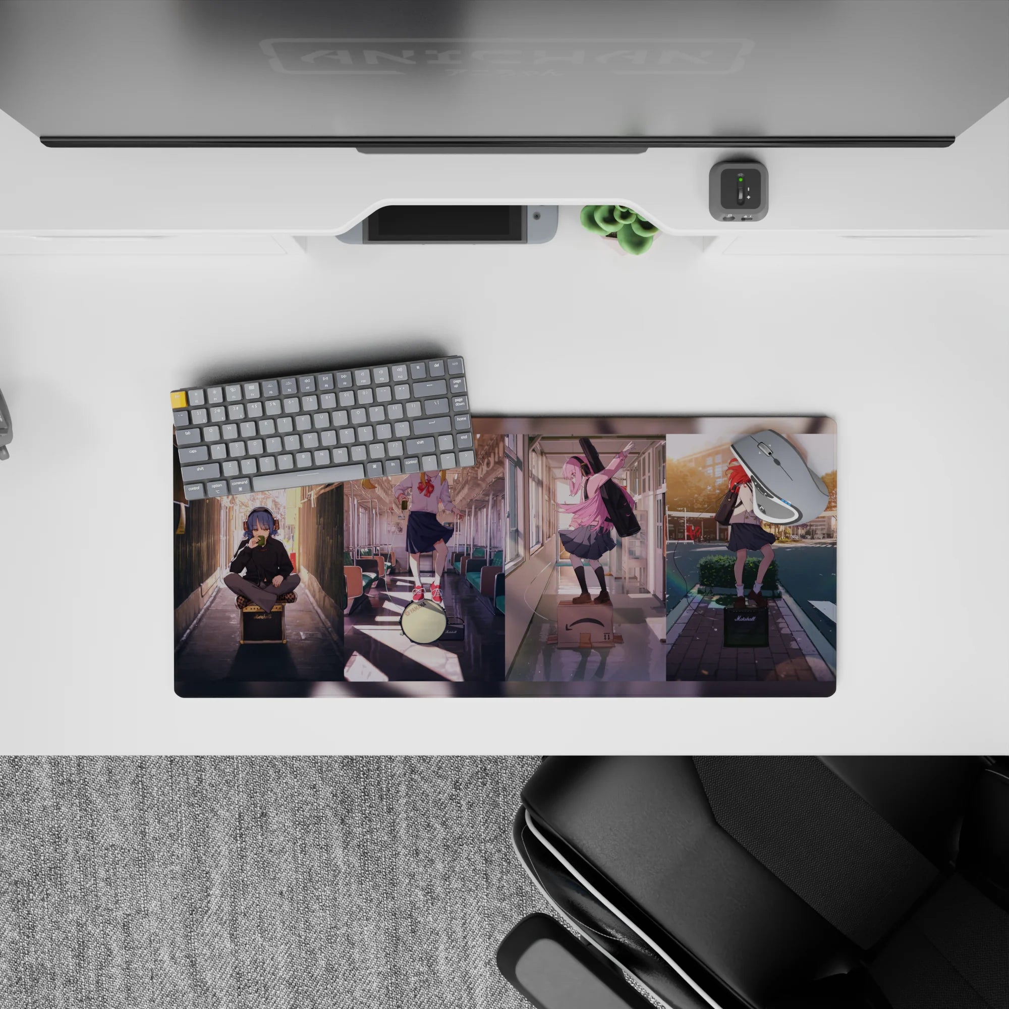 28x12 inches pastel anime girl mouse pad with warm sunlight, city glow, soft shadows and crisp uniforms.