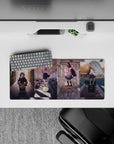 28x12 inches pastel anime girl mouse pad with warm sunlight, city glow, soft shadows and crisp uniforms.
