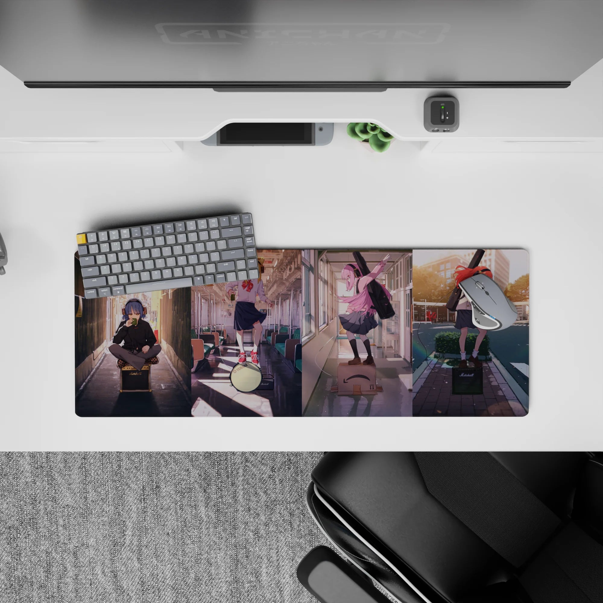 32x12 inches pastel anime girl mouse pad with warm sunlight, soft shadows, and reflective street city vibes.