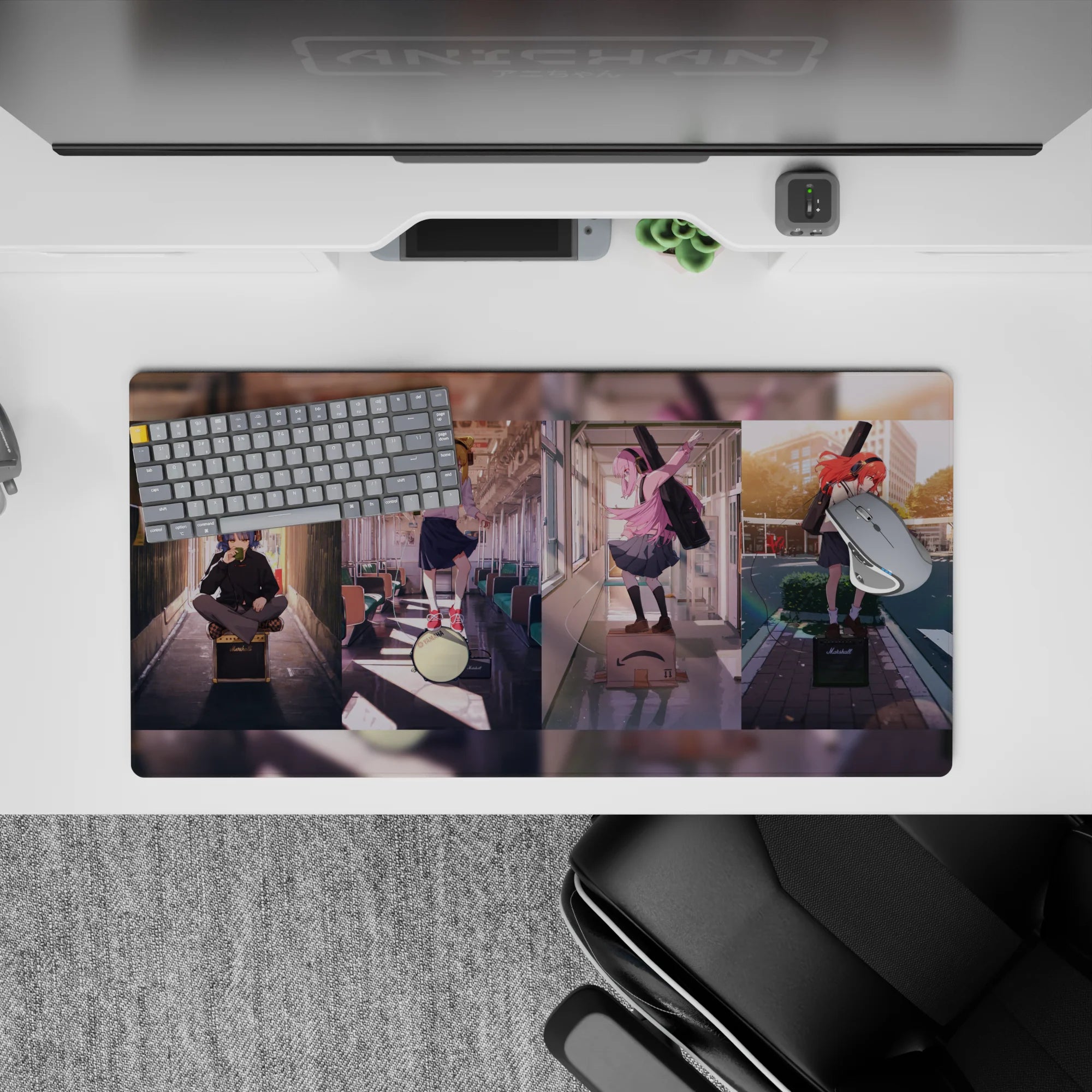 32x16 inches pastel anime girl mouse pad in warm sunlight and city glow, soft shadows and reflections.