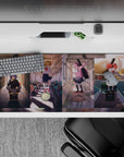 36x16 inches pastel anime girl mouse pad in warm sunlight and city glow, soft shadows and reflections.