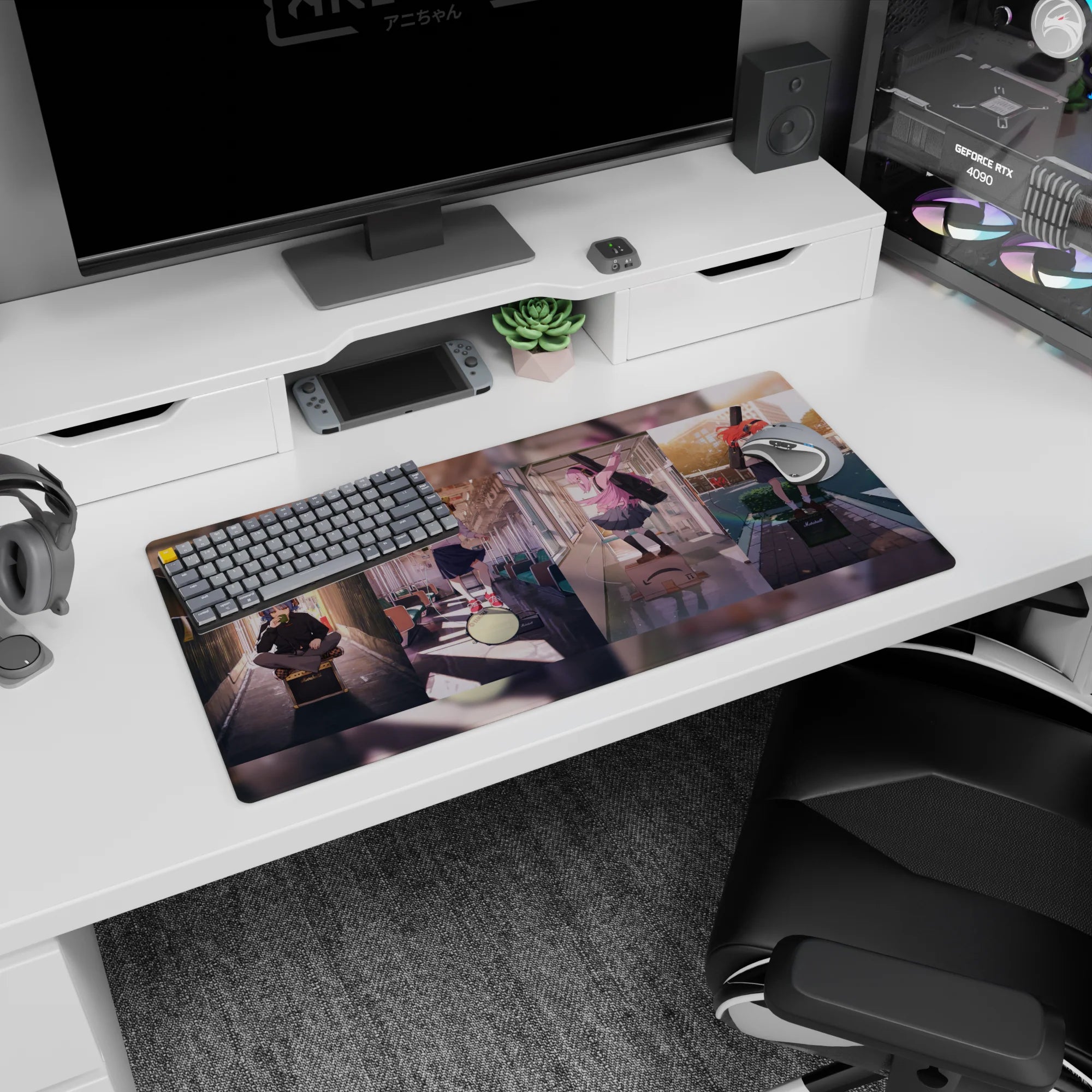 32x16 inches anime girl mouse pad with pink-haired girl posing by train door, friends on drum and amp.