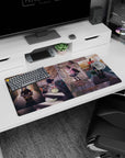 32x16 inches anime girl mouse pad with pink-haired girl posing by train door, friends on drum and amp.