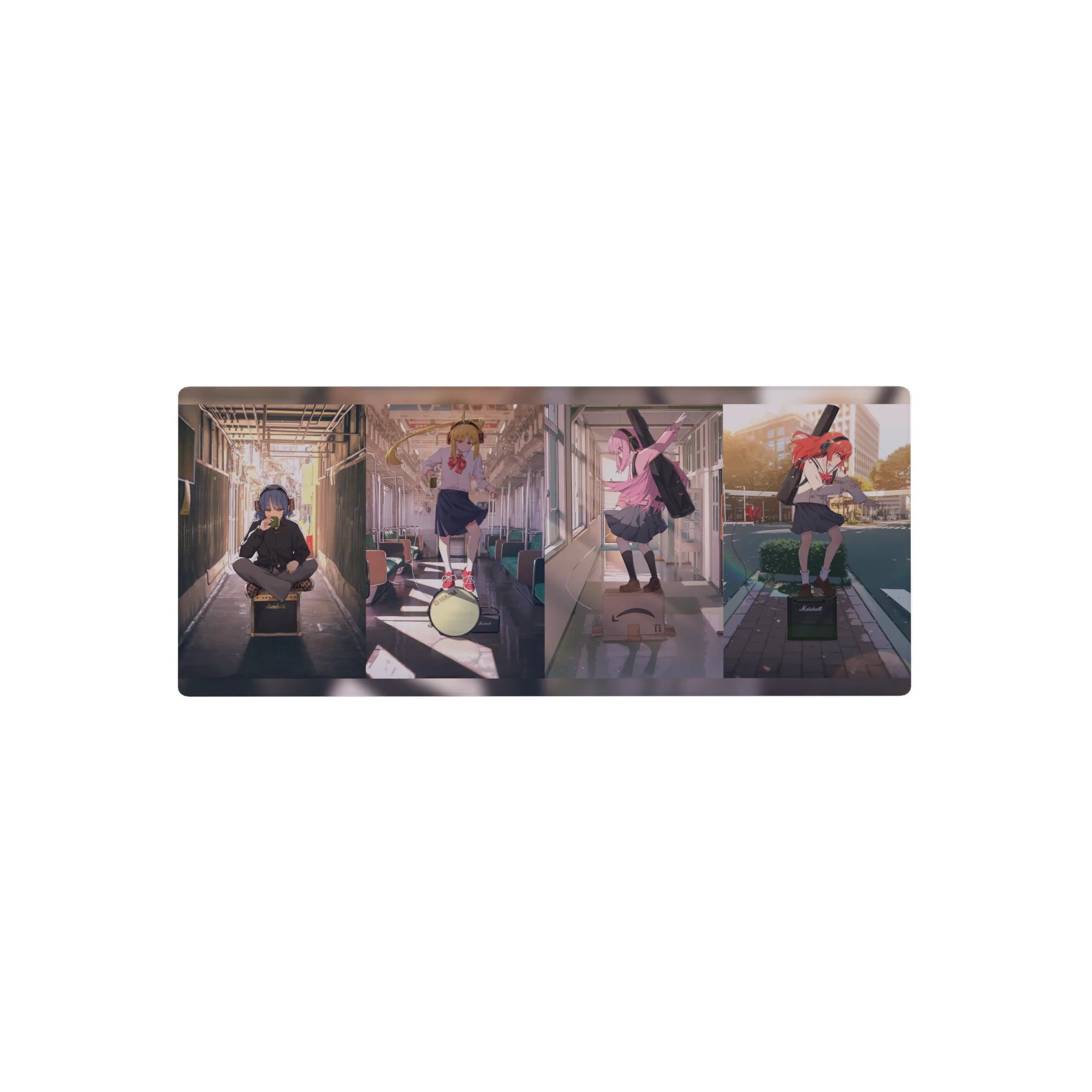 28x12 inches anime girl mouse pad with three school band girls on a train, instruments, amp and drum scene.