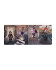 28x12 inches anime girl mouse pad with three school band girls on a train, instruments, amp and drum scene.
