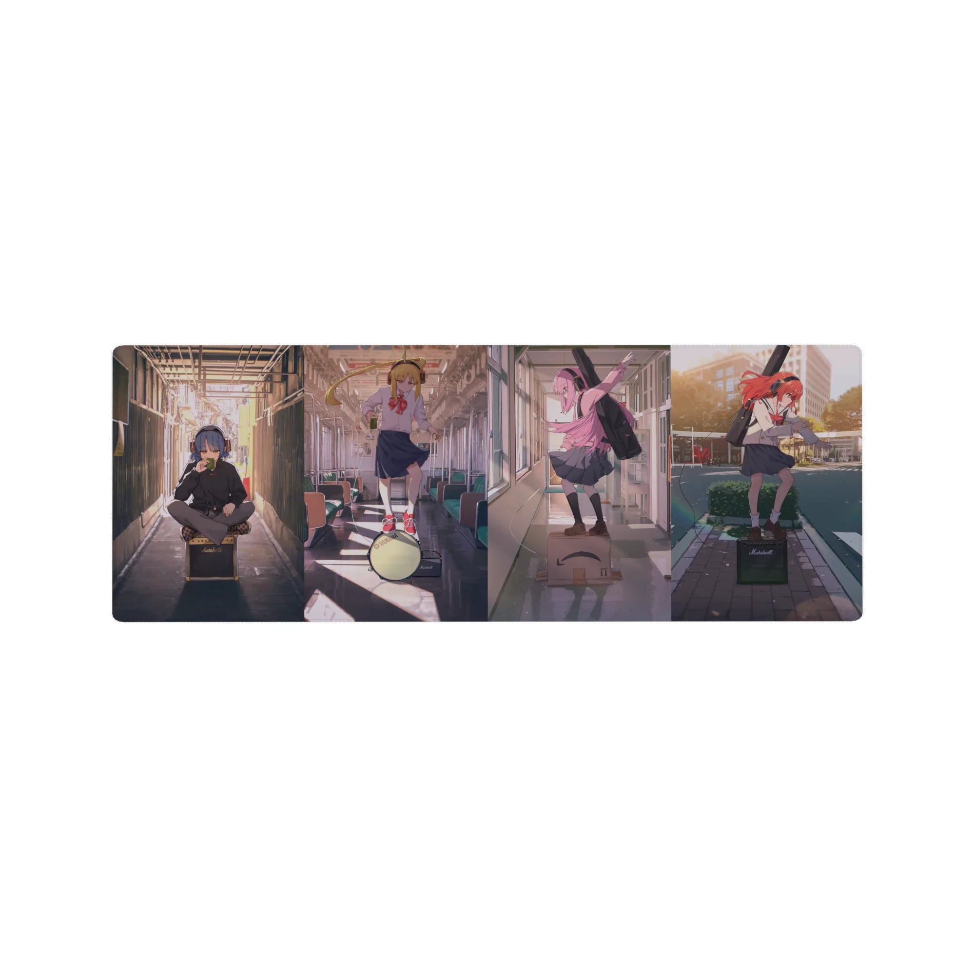 32x12 inches anime girl mouse pad with three school band girls on a train commute, instruments and city glow.