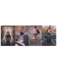 32x12 inches anime girl mouse pad with three school band girls on a train commute, instruments and city glow.