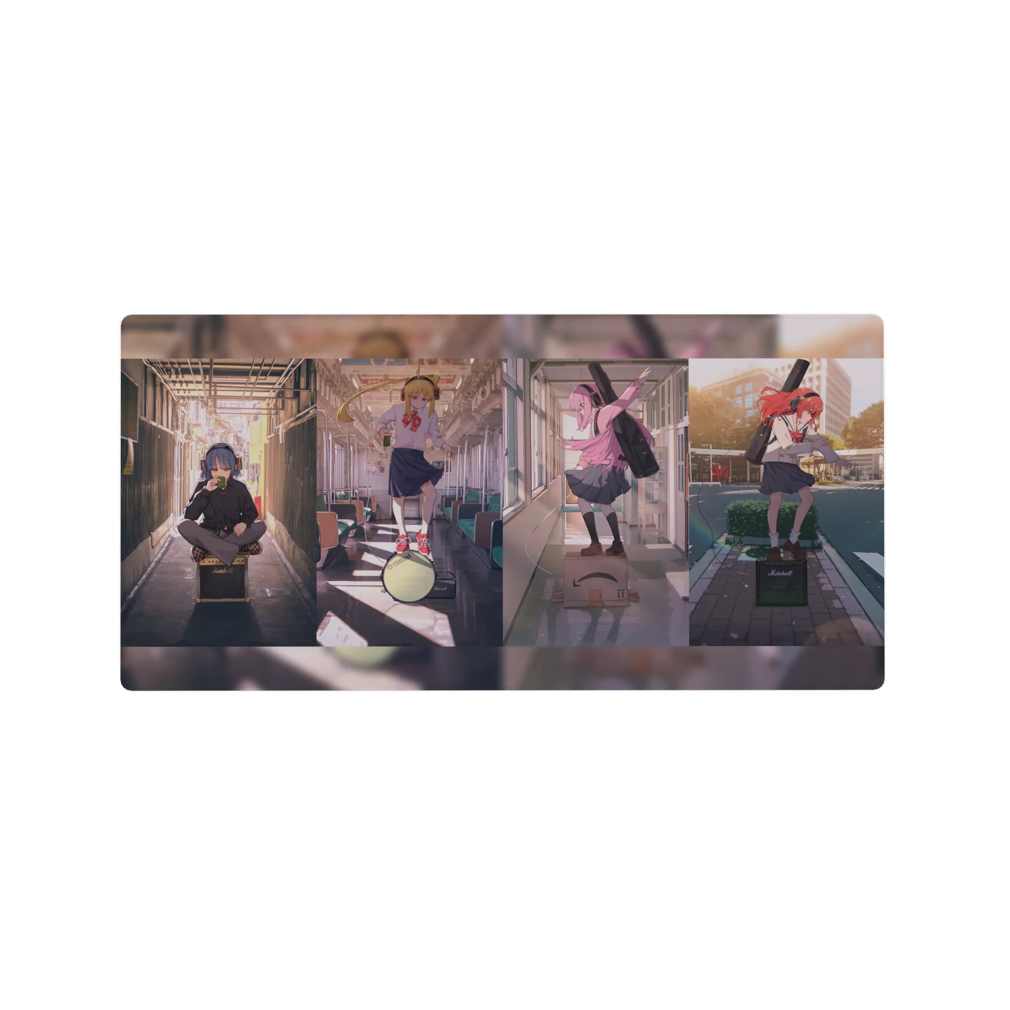 32x16 inches anime girl mouse pad with three school band girls on a train commute, instruments and amp.