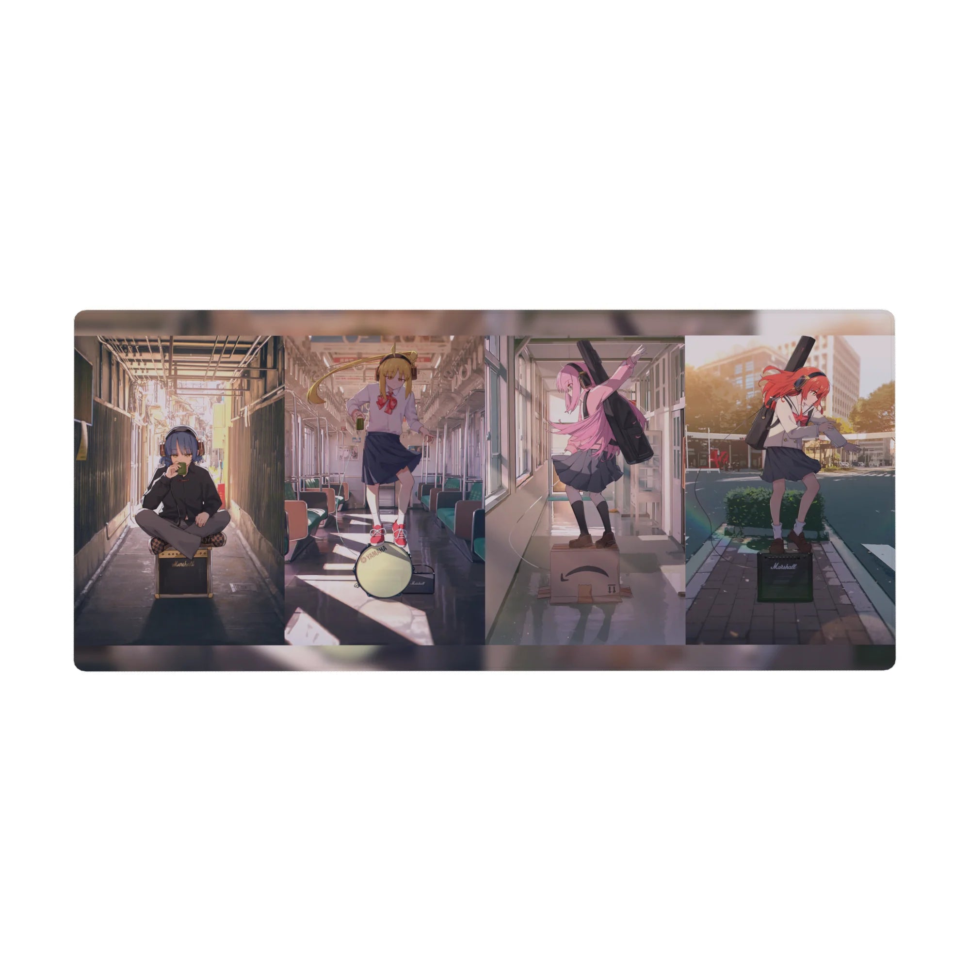 36x16 inches anime girl desk pad with three school band girls on a city train, instruments and amp scene.