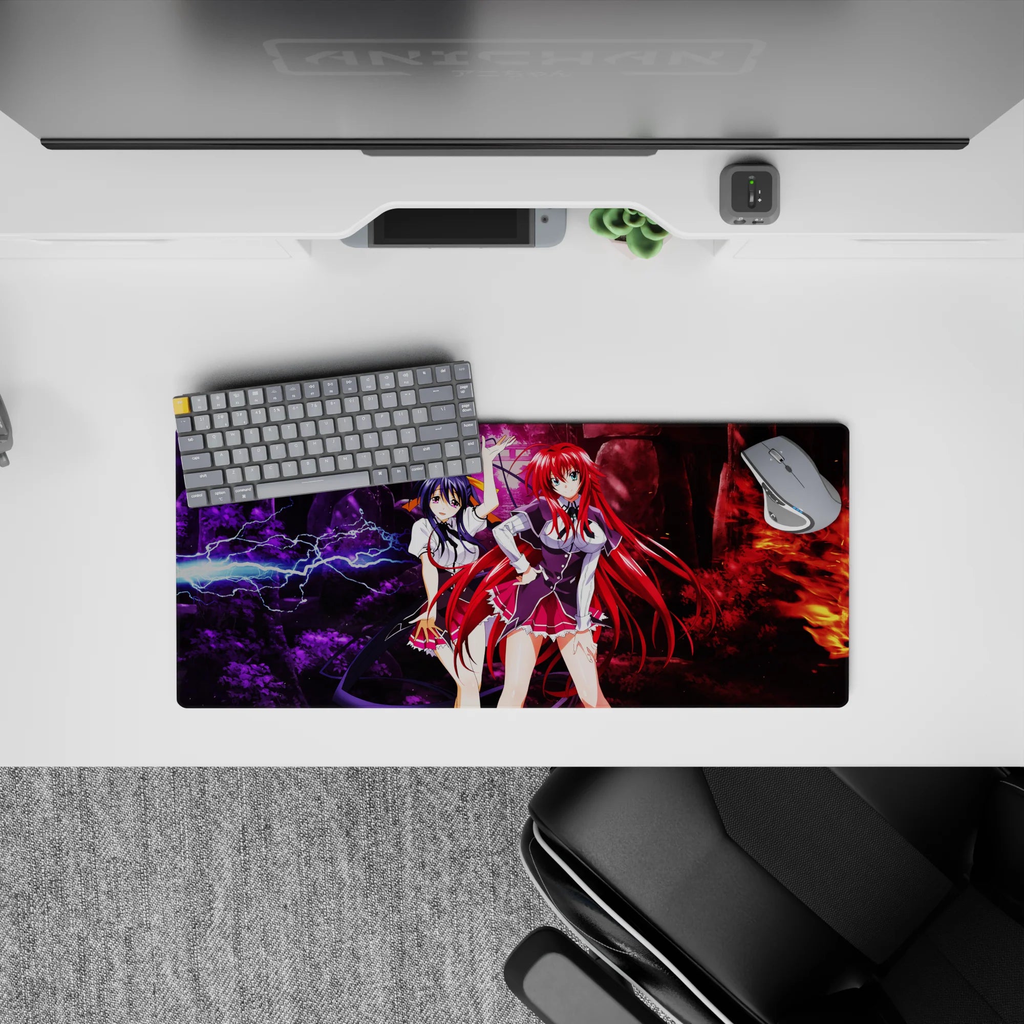 High School DxD mouse pad featuring Rias Gremory and Akeno Himejima in a forest with lightning and flames, 28x12 inches.