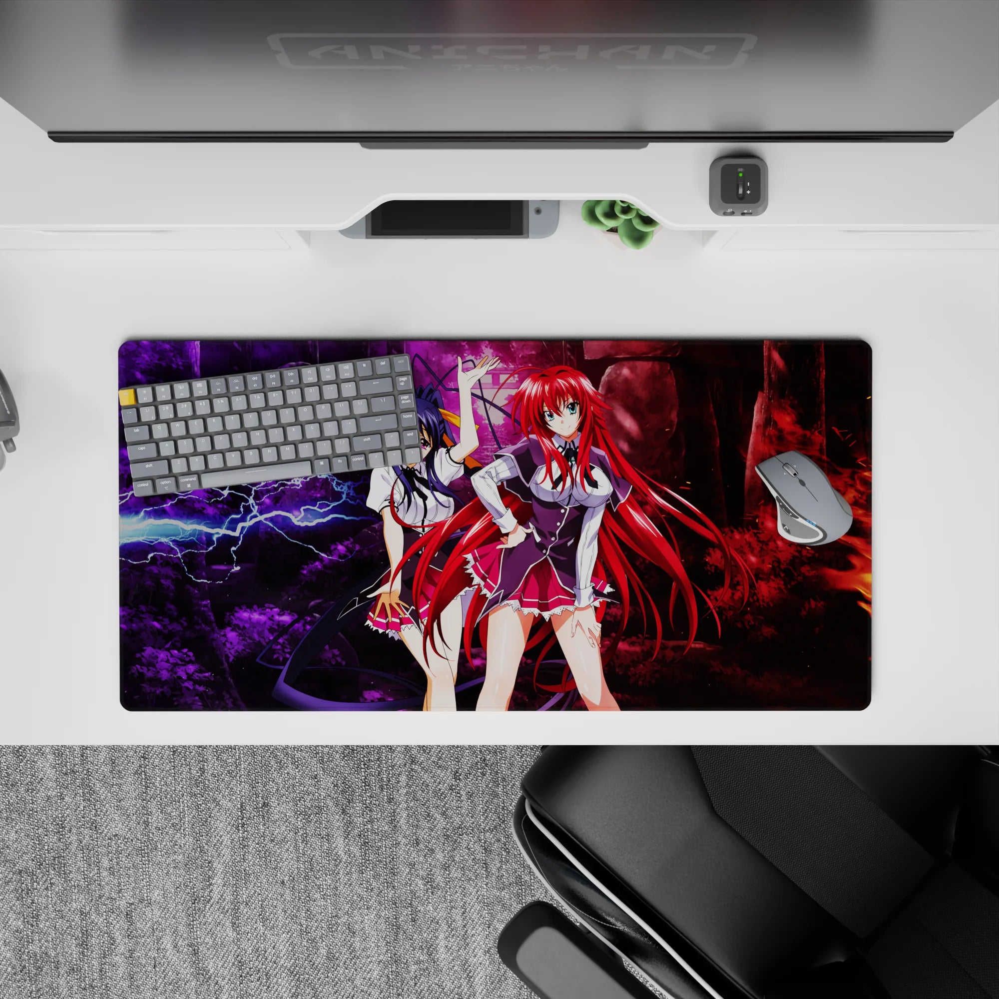 High School DxD mouse pad, 32x16 inches, featuring Rias Gremory and Akeno Himejima in a dramatic lightning and flame scene.