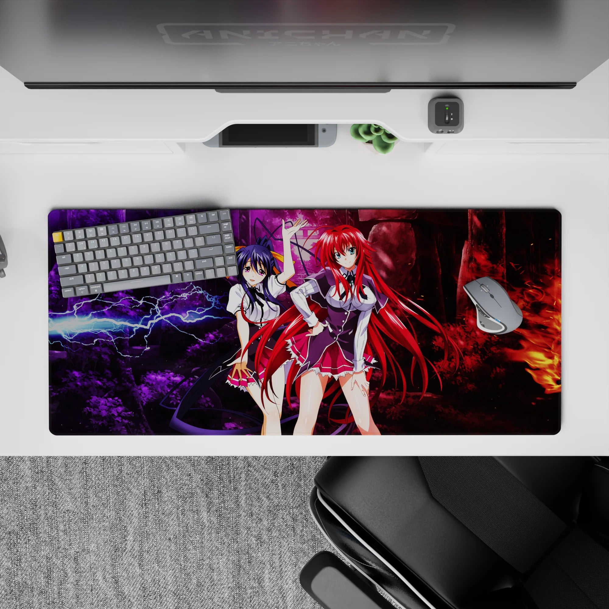 High School DxD desk pad 36x16 inches featuring Rias Gremory and Akeno Himejima in a dramatic forest scene with lightning and flames.
