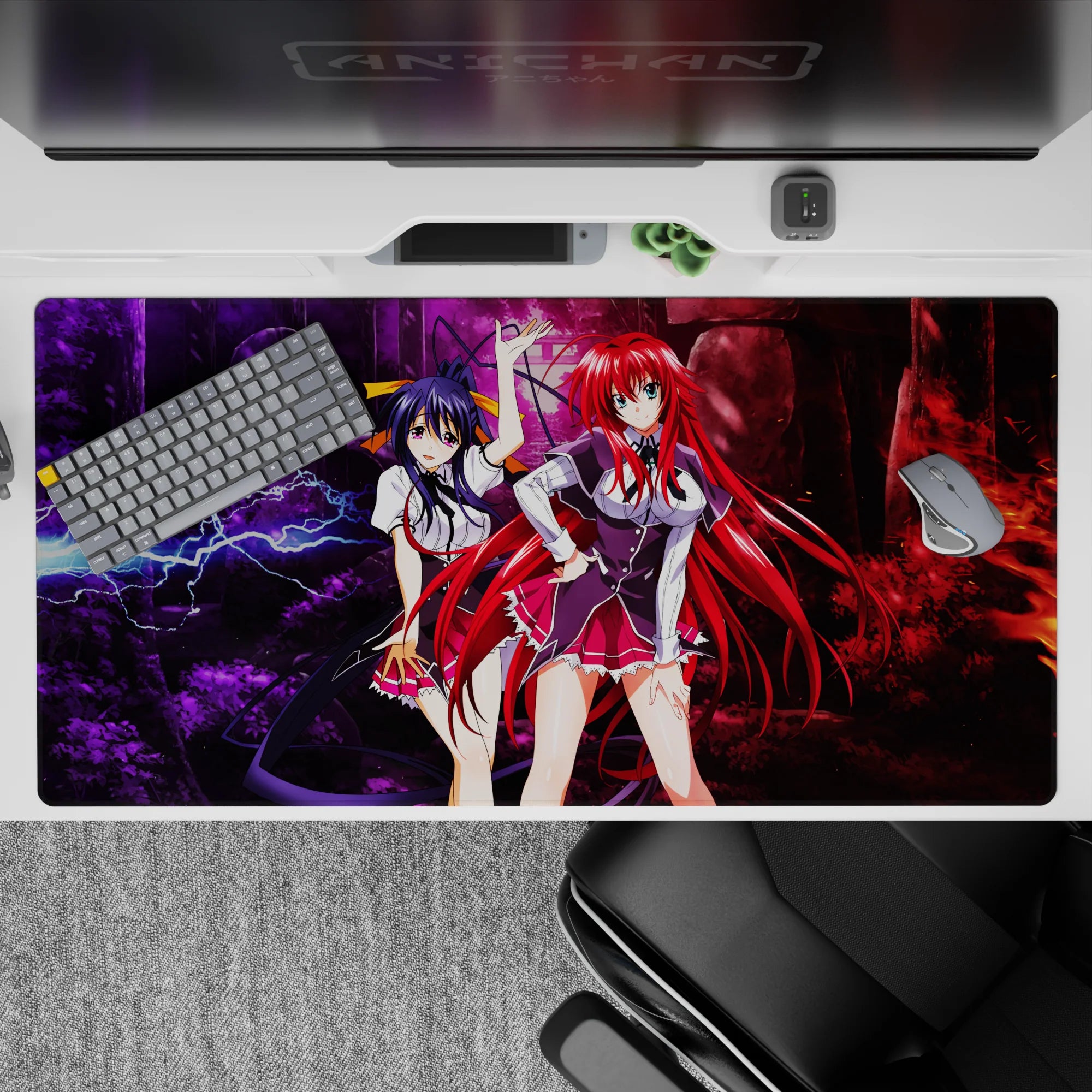 Anime desk pad 40x20 inches featuring Rias Gremory and Akeno Himejima from High School DxD with dramatic lightning.