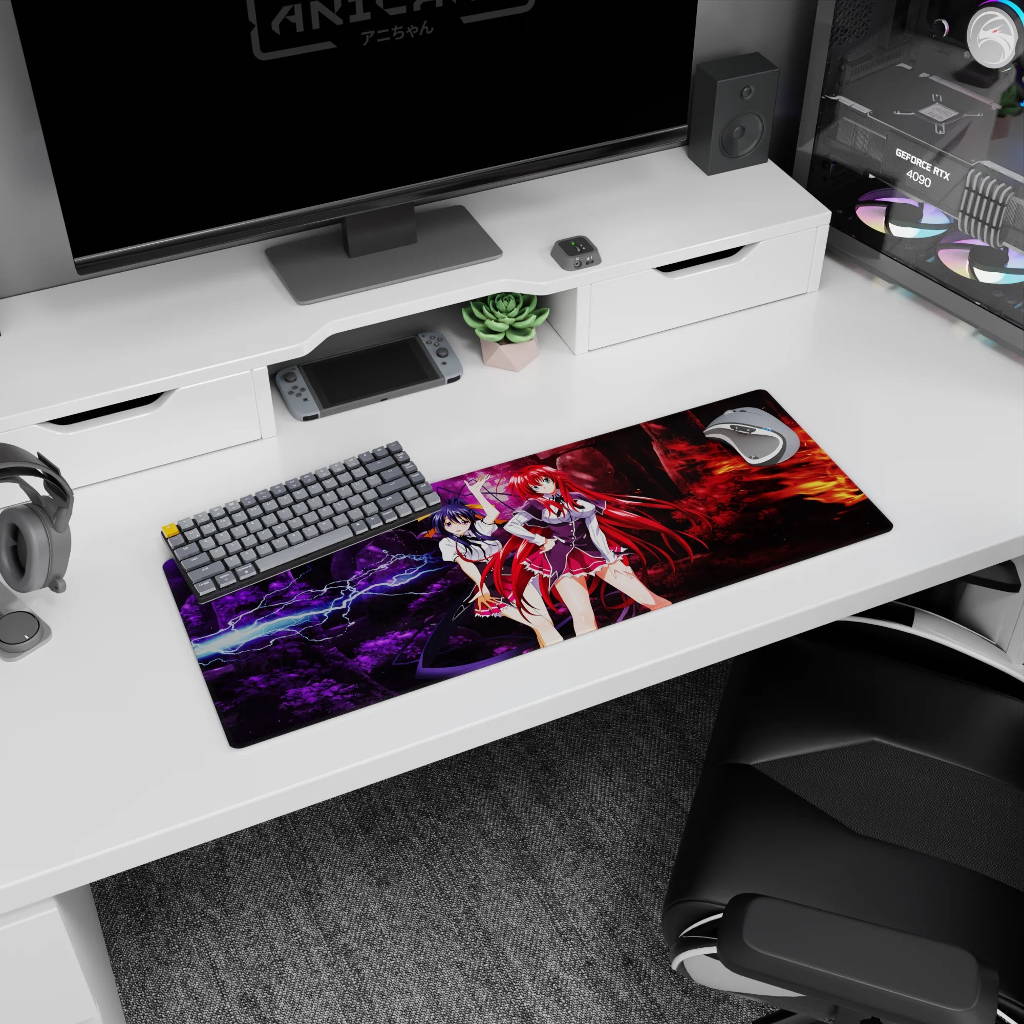 High School DxD anime mouse pad 32x12 inches featuring Rias Gremory and Akeno Himejima in a dramatic forest scene.