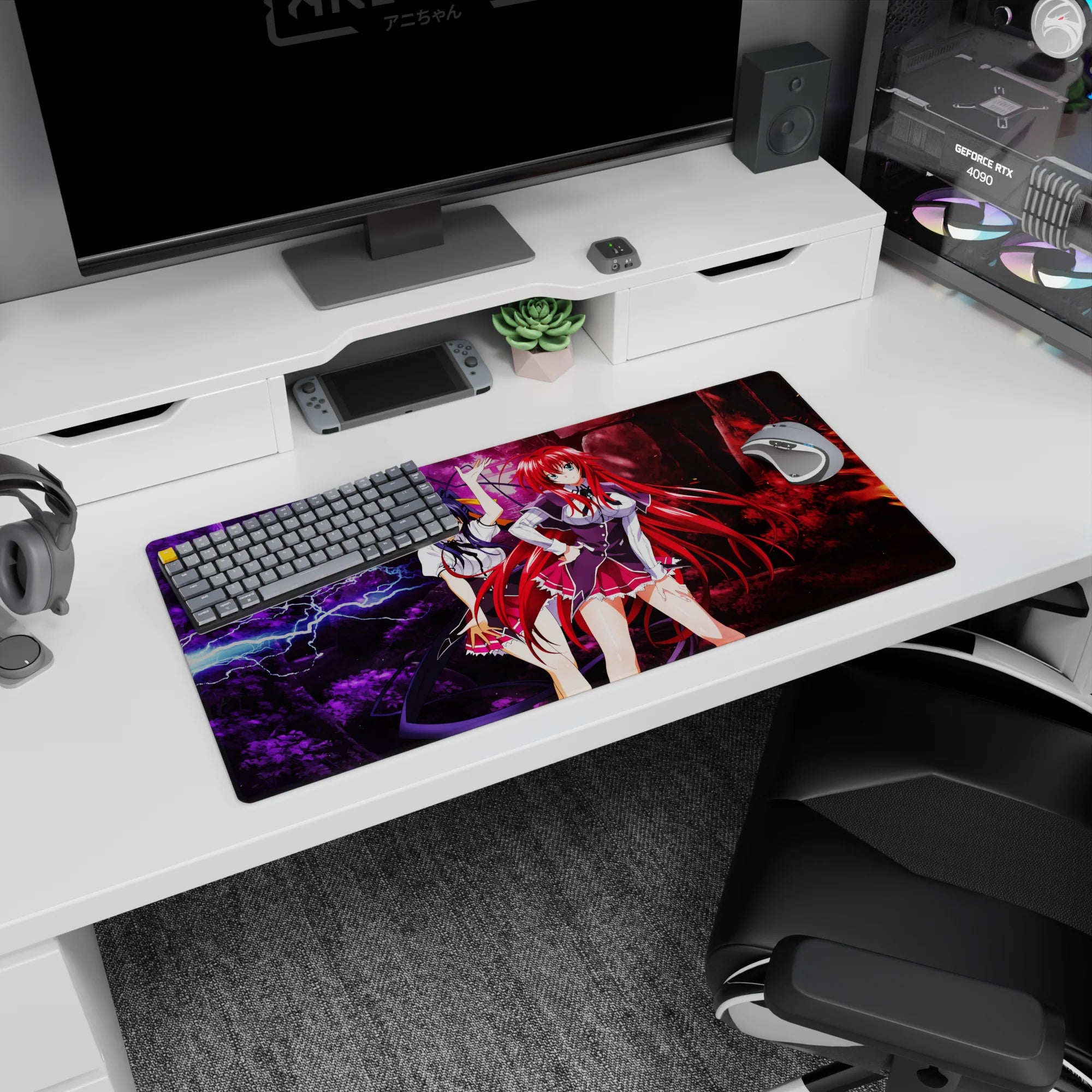 High School DxD mouse pad, 32x16 inches, featuring Rias Gremory and Akeno Himejima in a striking forest scene with lightning and flames.