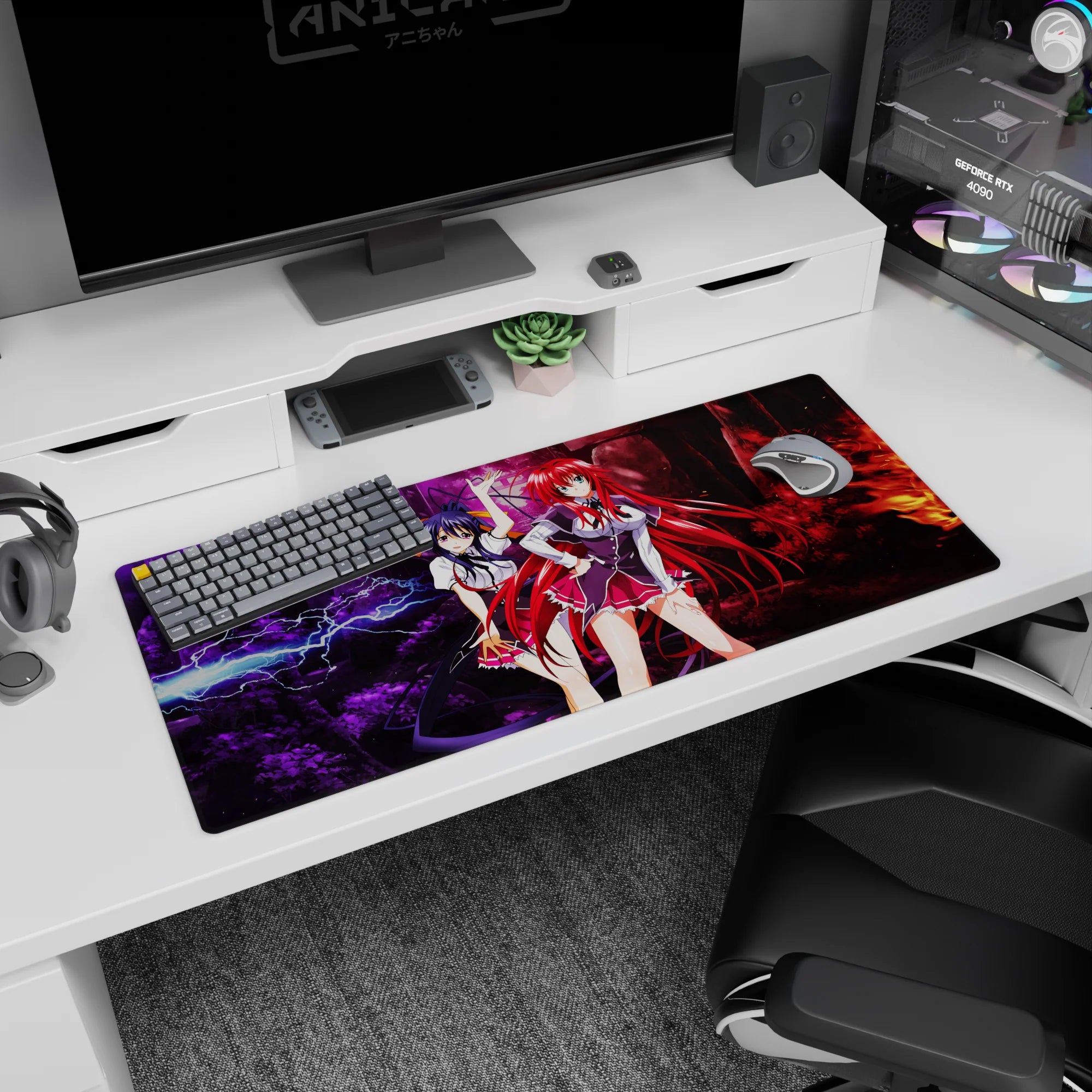 High School DxD desk pad 36x16 inches featuring Rias Gremory and Akeno Himejima in a vibrant forest of lightning and flames.