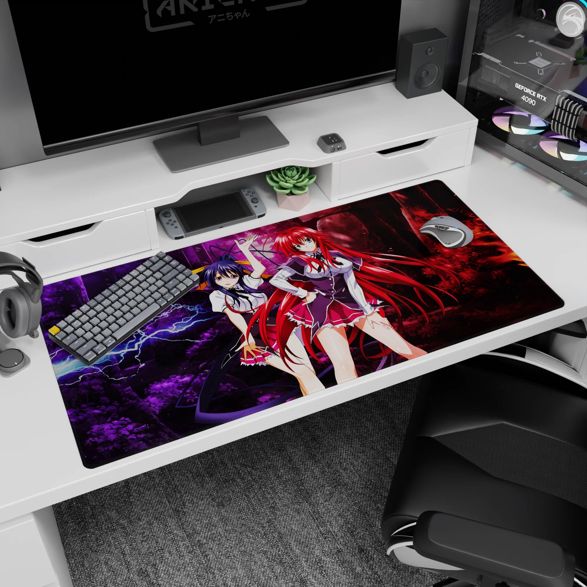 High School DxD anime desk pad 40x20 inches featuring Rias Gremory and Akeno Himejima in a dramatic lightning and fire scene.